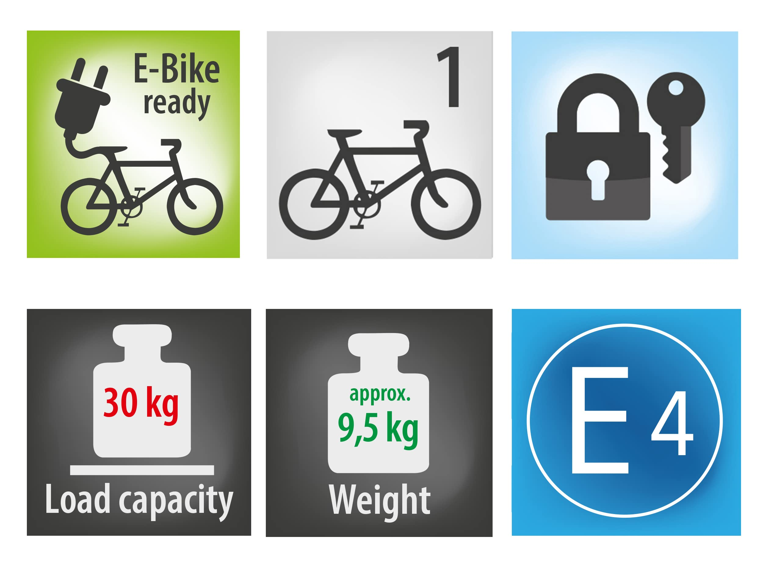 Sei icone con e-bike, una bici, lucchetto e chiave, carico 30kg, peso 9,5kg ed etichetta E4.