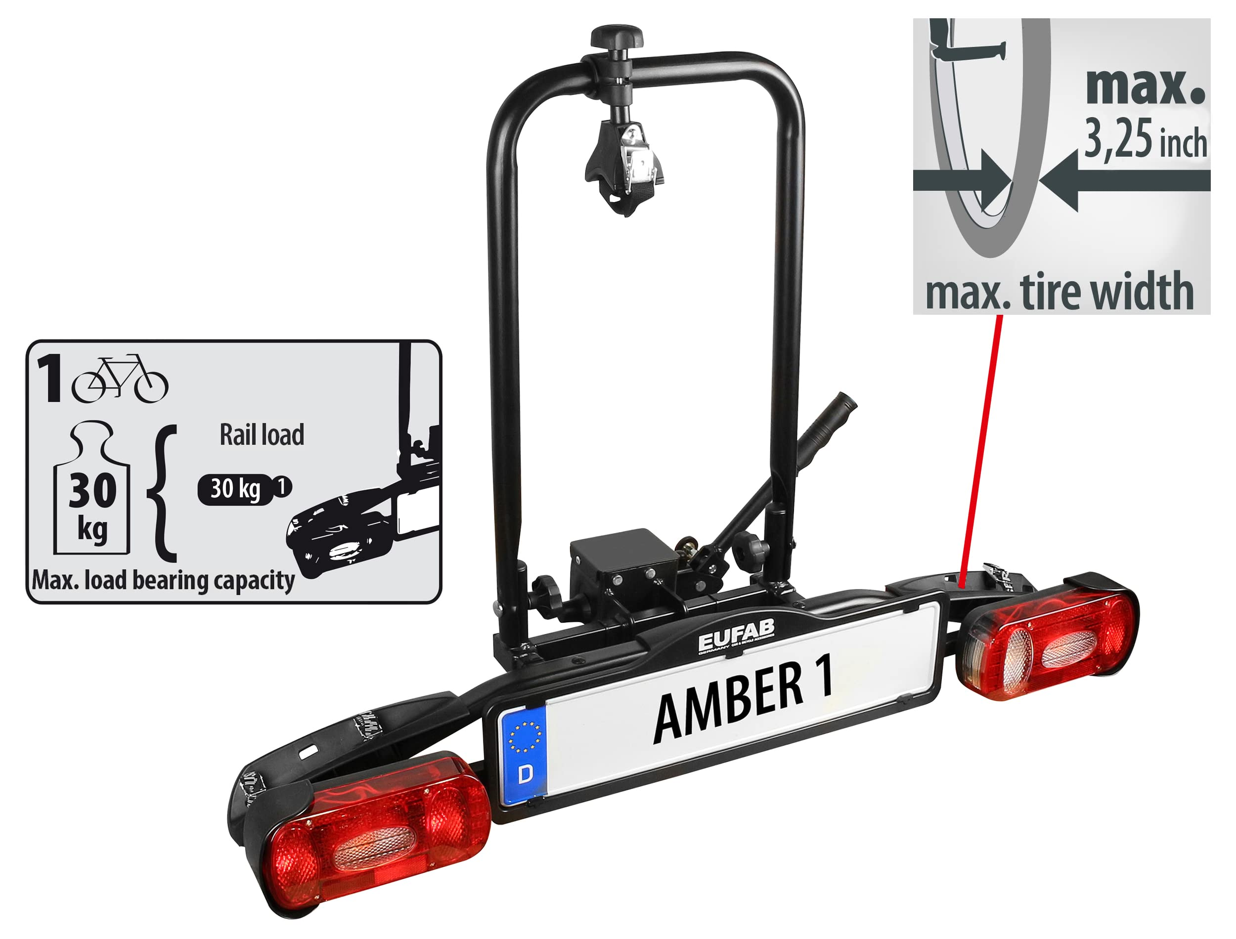 Portabici Eufab Amber 1 con capacita di 30 kg e larghezza pneumatico max di 3,25 pollici.