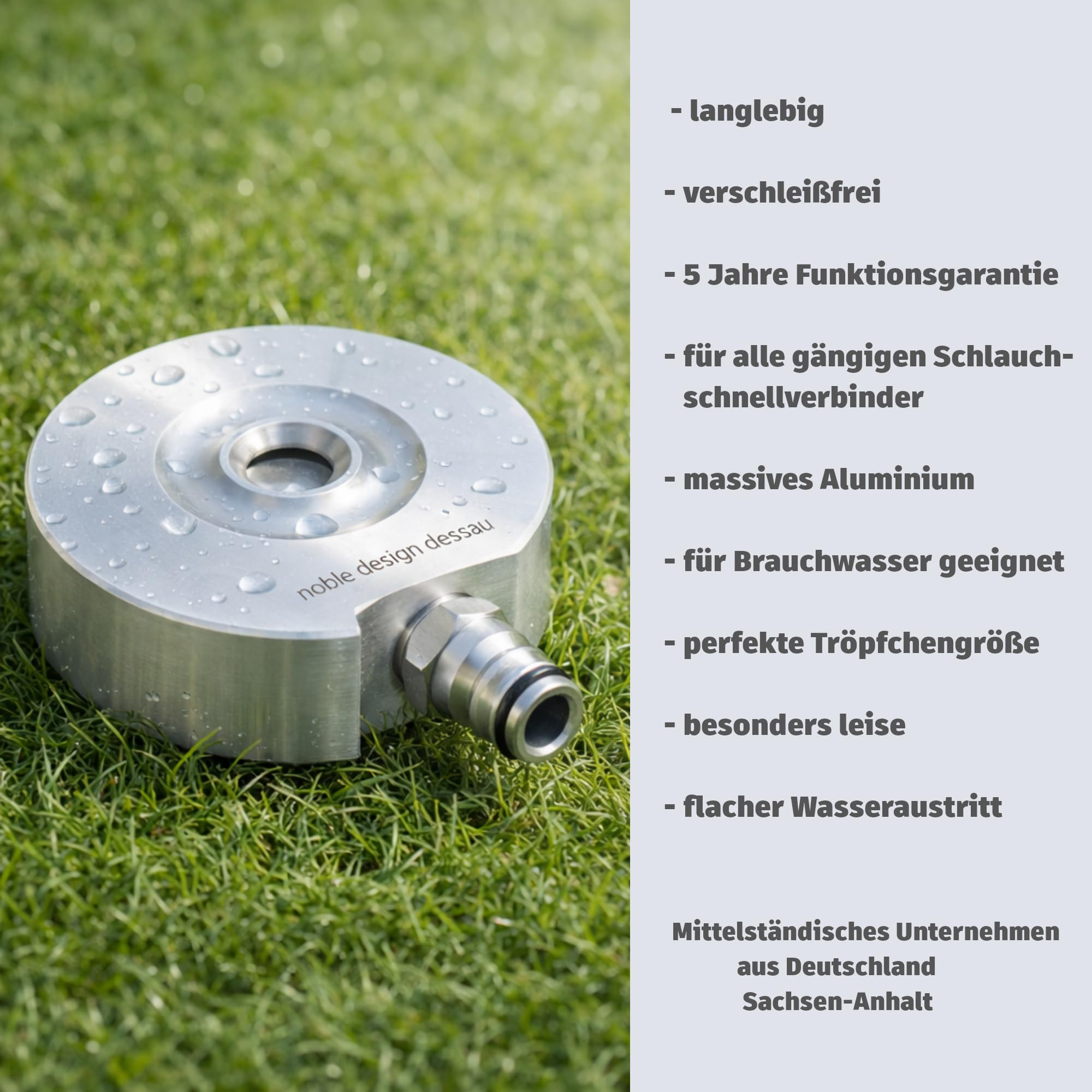 Ein Metallsprinkler auf grünem Gras mit deutschen Produktmerkmalen auf einer hellgrauen Seitenfläche.