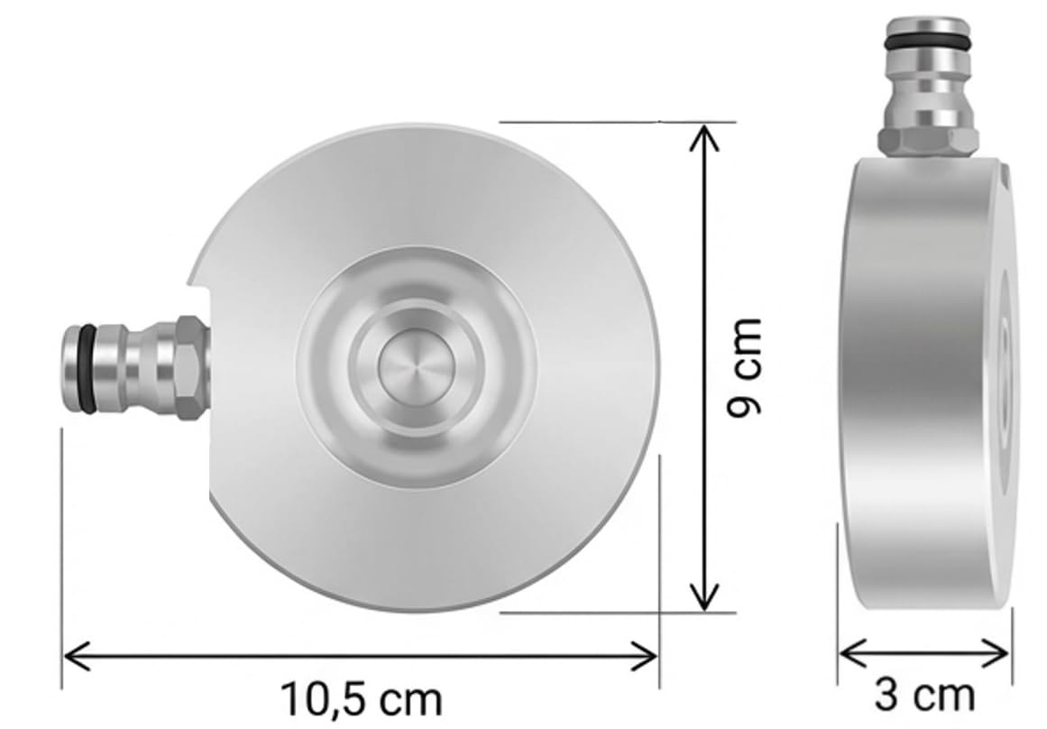 Technische Zeichnung eines zylindrischen Metallobjekts mit Maßen von 10,5 x 9 x 3 cm.