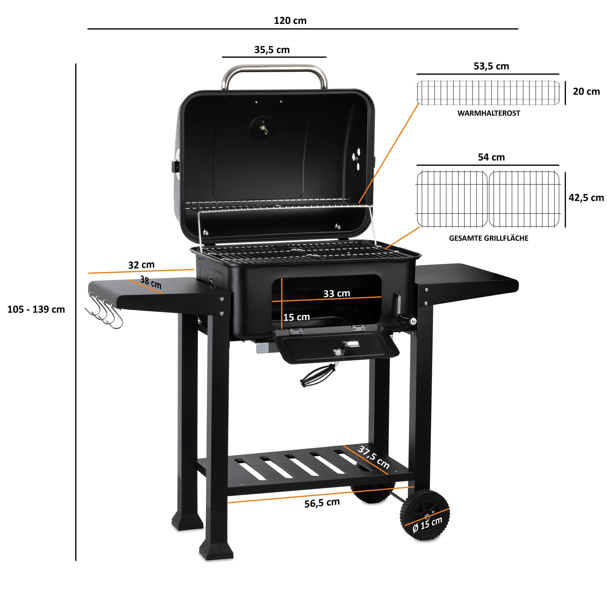 Schéma d'un barbecue à charbon noir avec des mesures de hauteur, de largeur, de grilles et de tablettes.