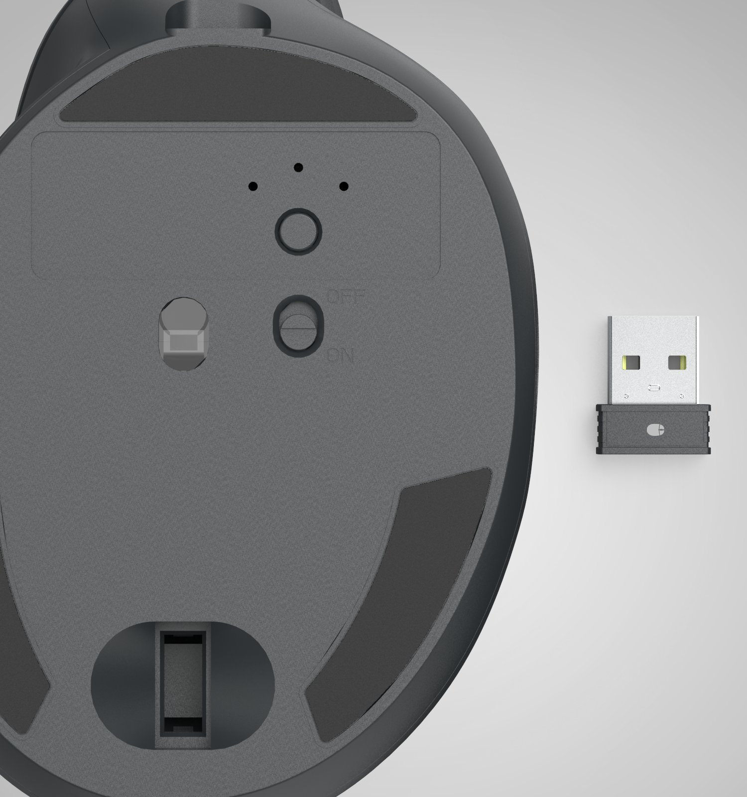 Parte inferior de un ratón inalámbrico negro con sensor, interruptor de encendido y receptor USB al lado sobre fondo gris.