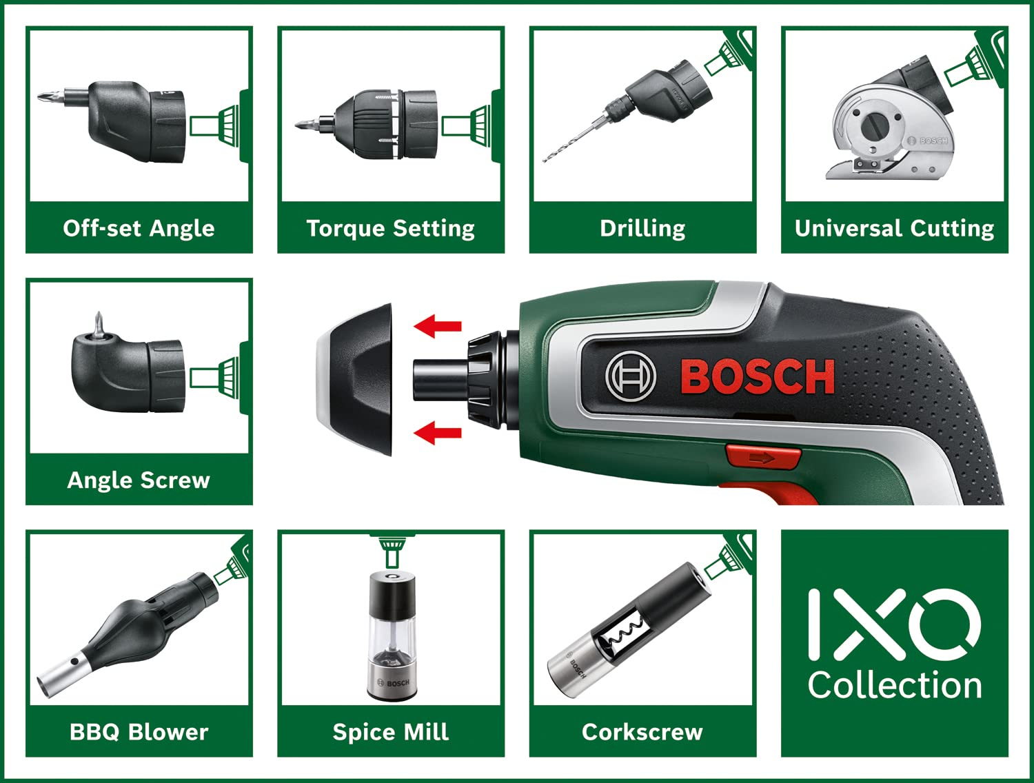 Il cacciavite a batteria Bosch IXO con vari accessori per attività versatili in casa e giardino.