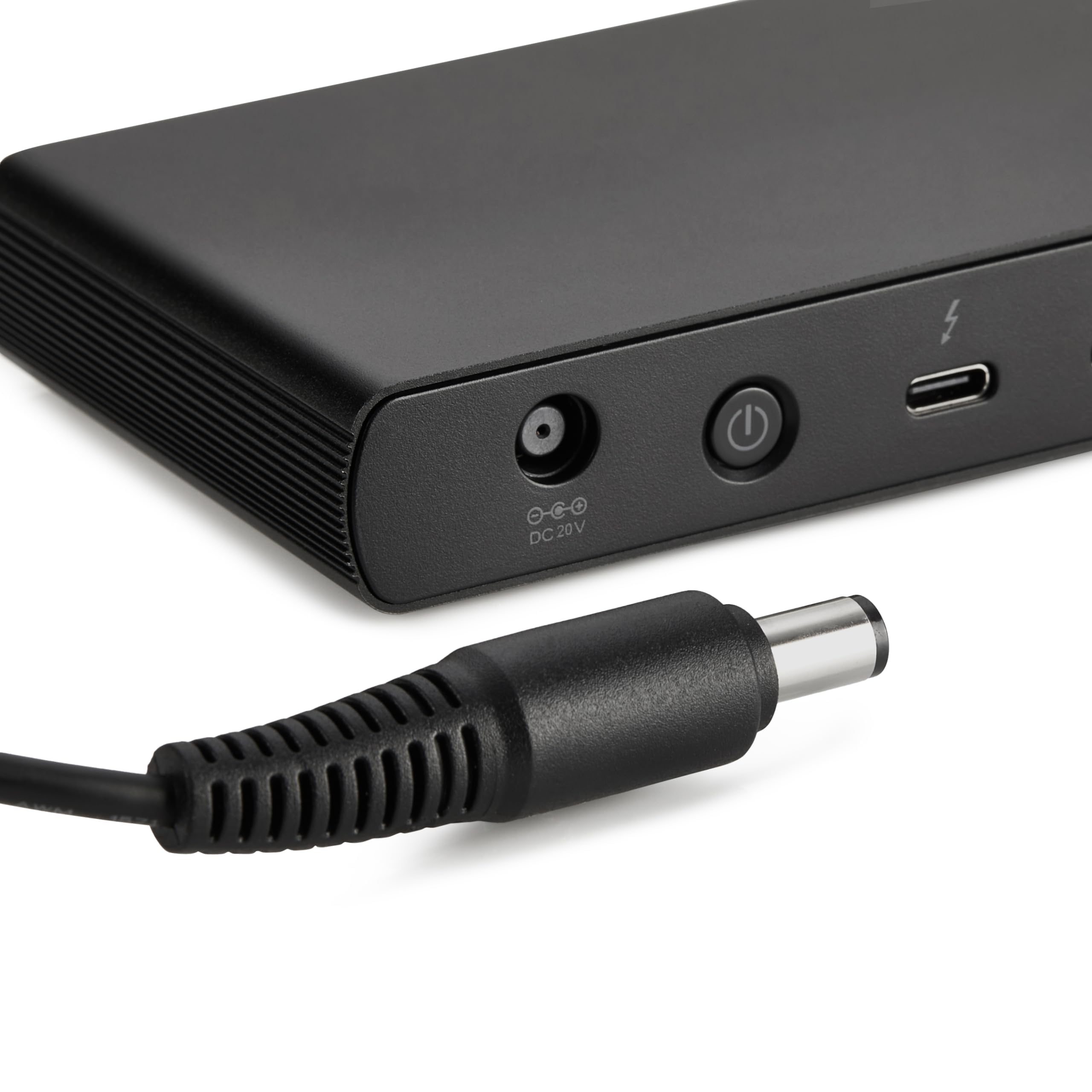 Dispositivo elettronico nero con porta DC 20V, pulsante di accensione e cavo di alimentazione con connettore.