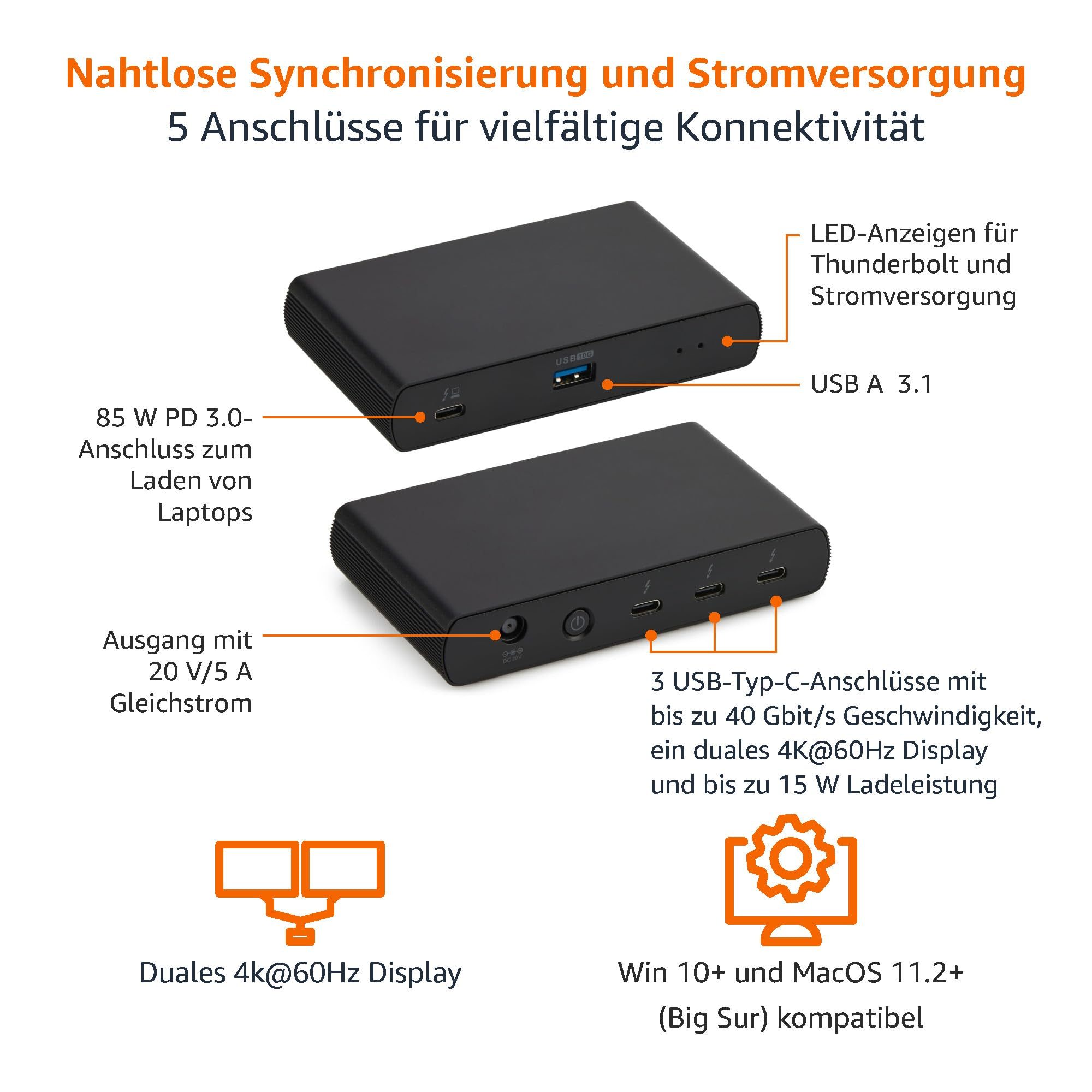 Una docking station nera con più porte, etichettata in tedesco per evidenziare funzioni e compatibilità.