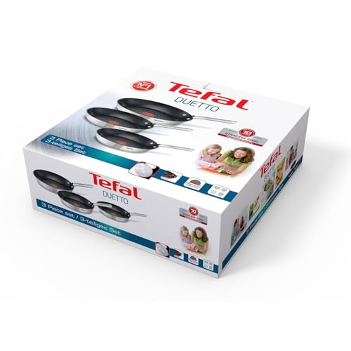 Una caja de juego de 3 sartenes Tefal Duetto sobre fondo blanco.