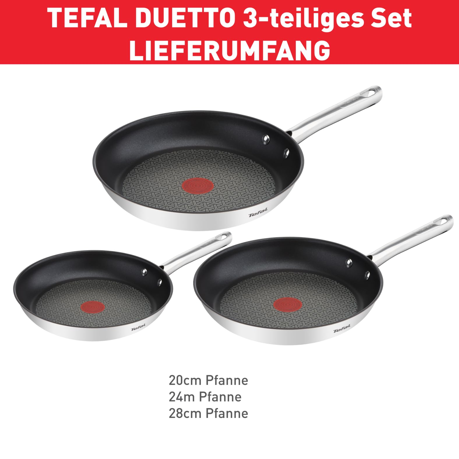 Tres sartenes Tefal Duetto de 20cm, 24cm y 28cm sobre fondo blanco con texto.