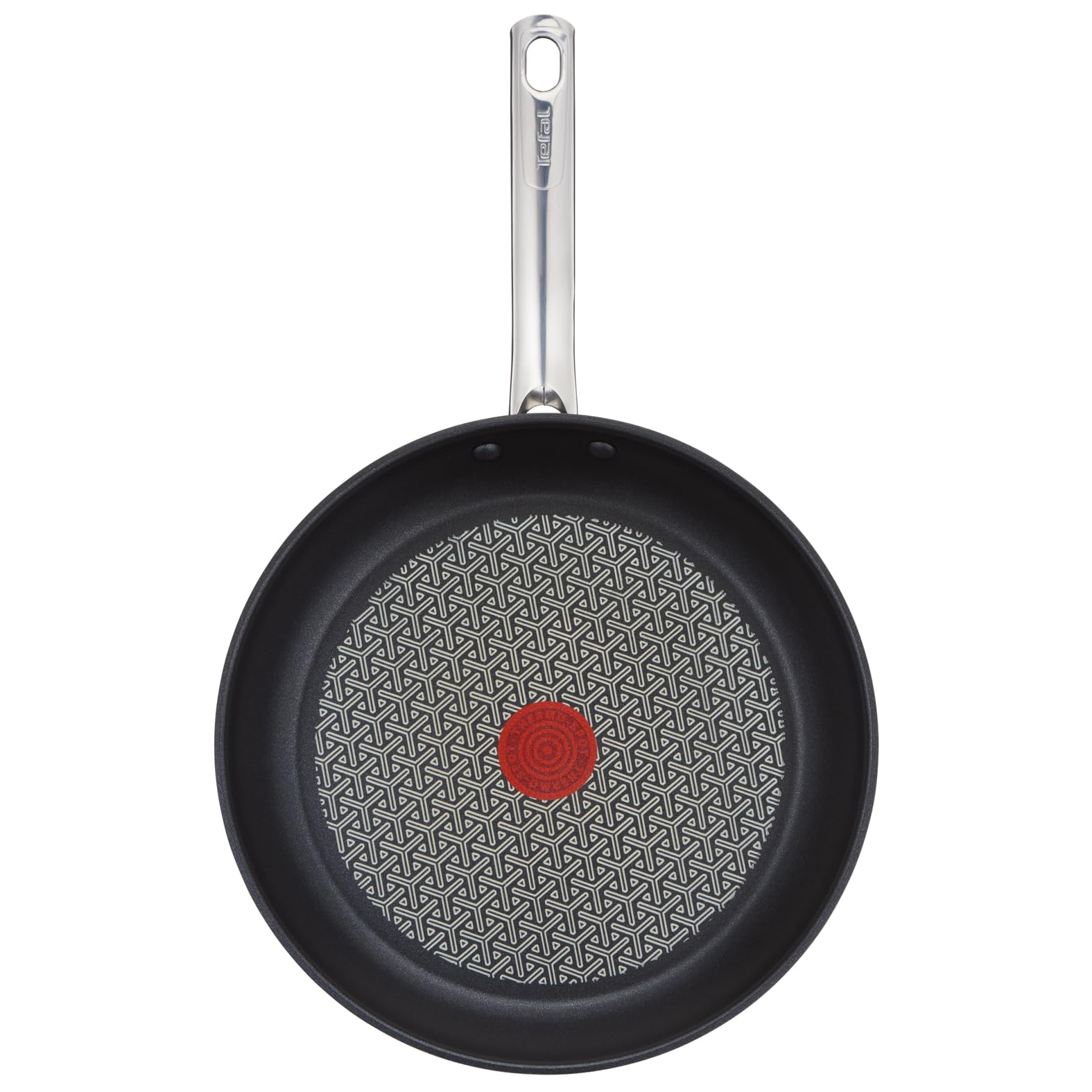 Sartén Tefal negra con mango plateado, base estampada y punto indicador de calor rojo.