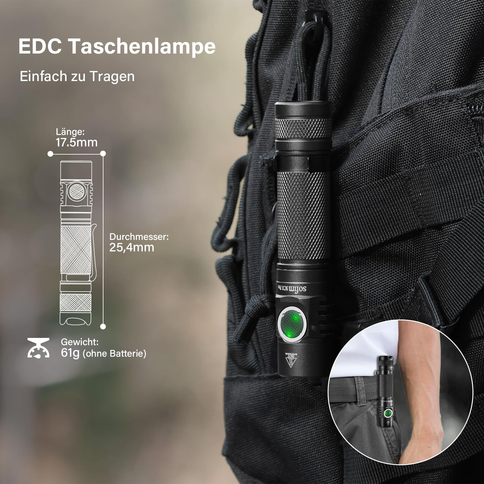 Une lampe de poche EDC noire fixée à un sac à dos, avec du texte indiquant sa taille et son poids.