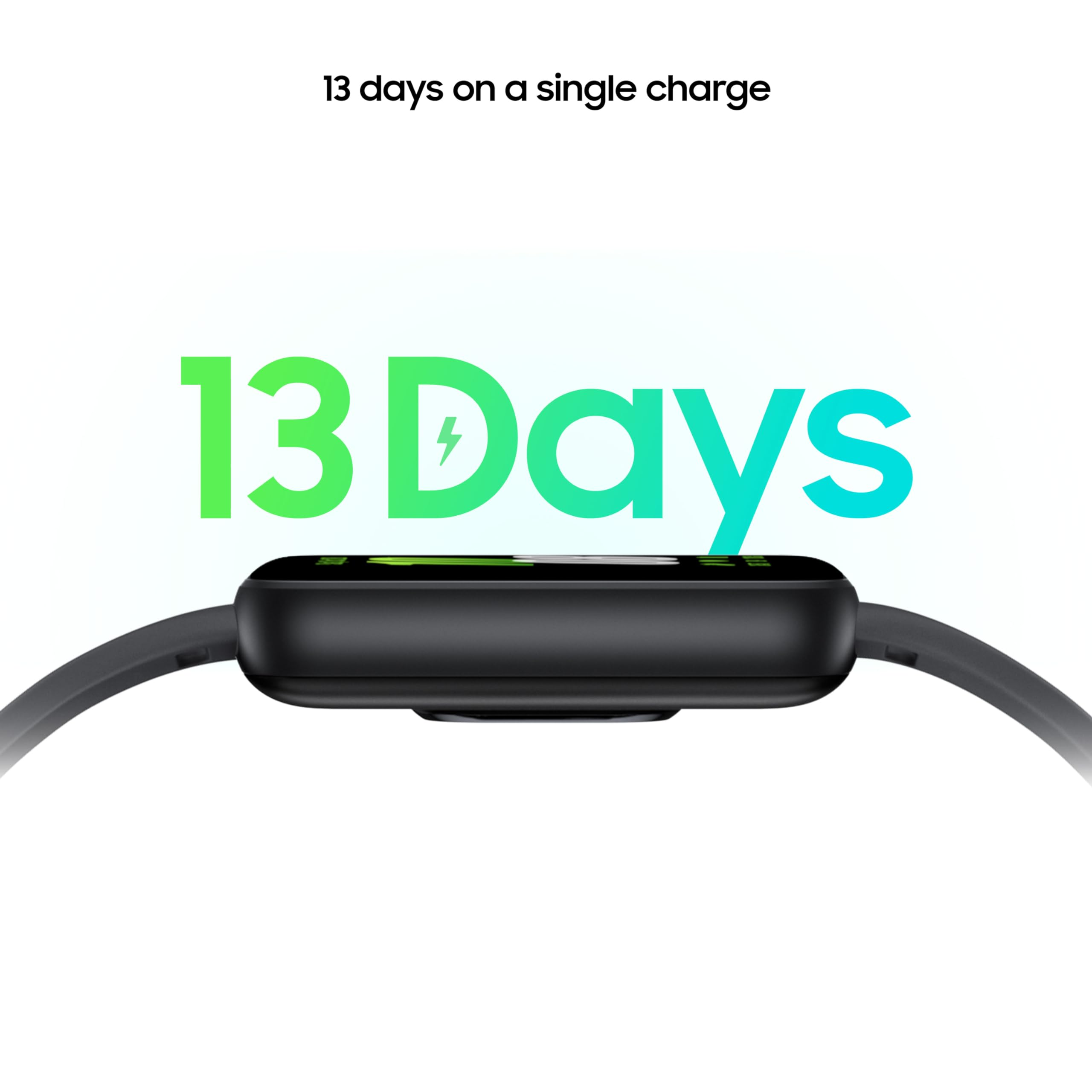 Uno smartwatch nero con la scritta 13 Days e un fulmine verde su sfondo bianco.