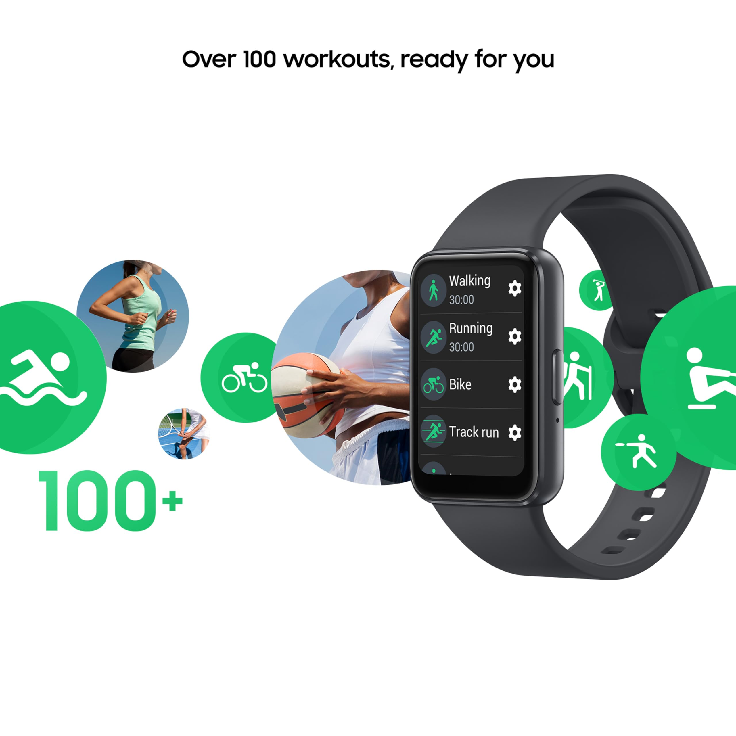 Uno smartwatch nero mostra modalità di allenamento con icone sportive verdi e immagini di atleti sullo sfondo.