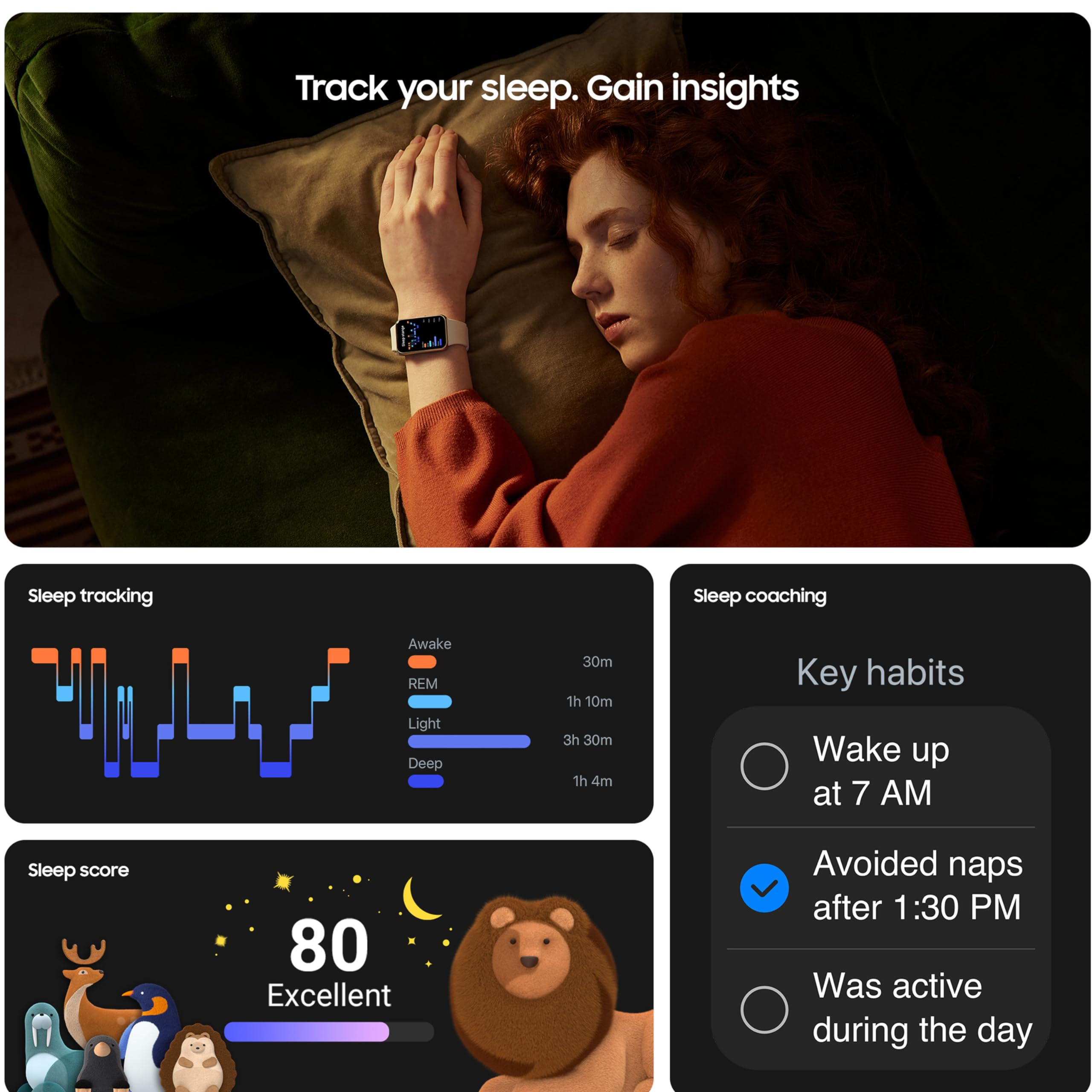 Una donna dorme con uno smartwatch, con grafici sotto che mostrano il monitoraggio e il coaching del sonno.