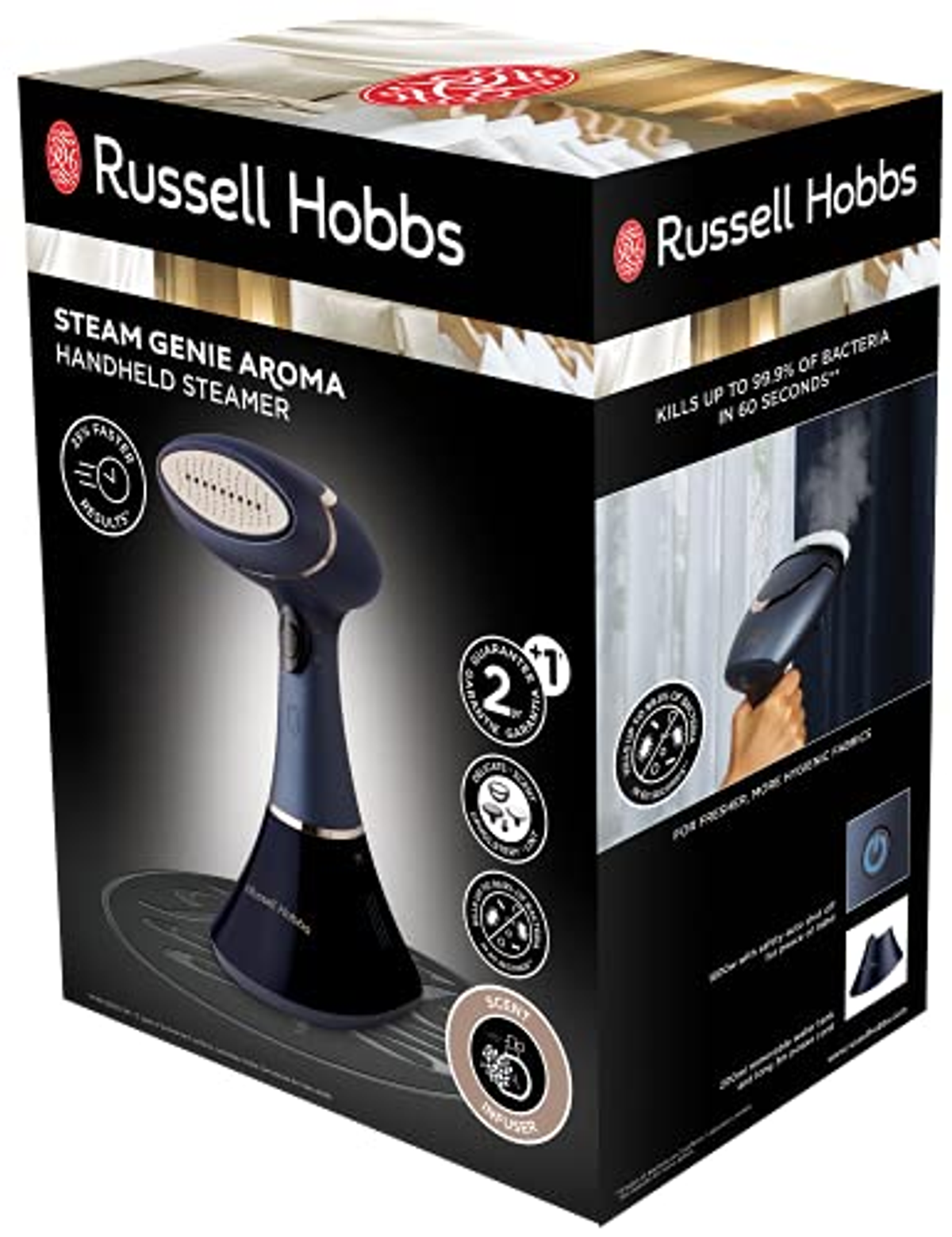 Boîte de produit d'un défroisseur vapeur à main Russell Hobbs Steam Genie Aroma.