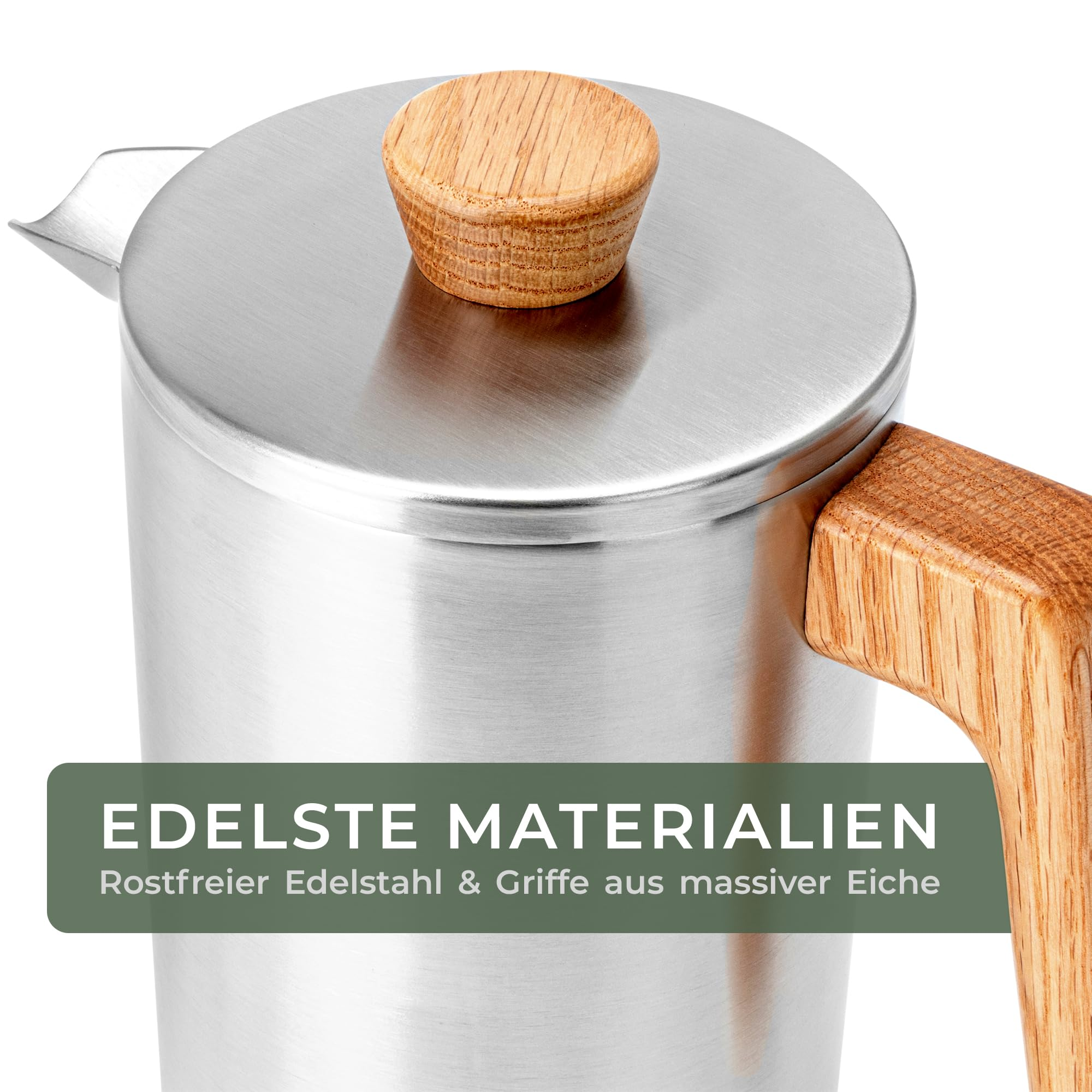 Edelstahl-Kaffeebereiter mit Holzelementen und grünem Banner unten.