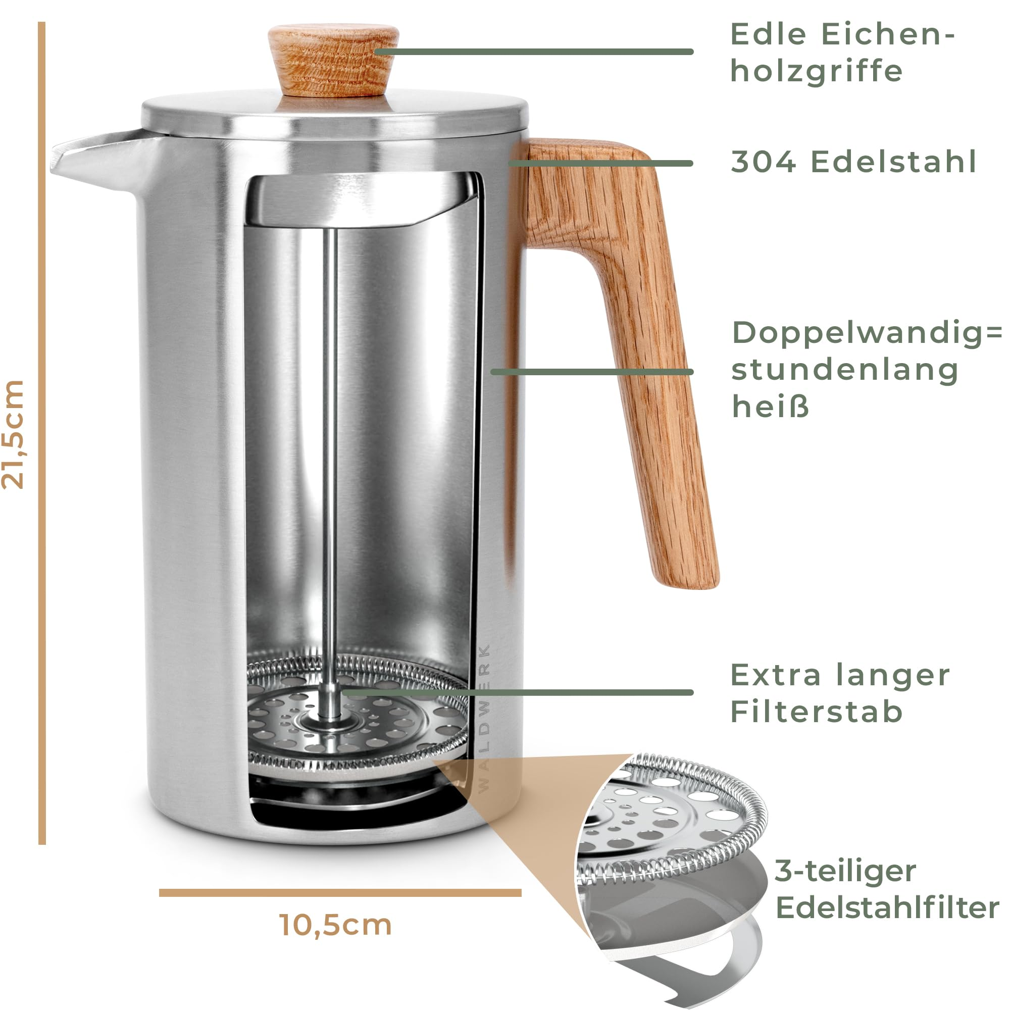 Eine Edelstahl-Stempelkanne mit Holzgriffen und beschrifteten Produktmerkmalen auf weißem Hintergrund.