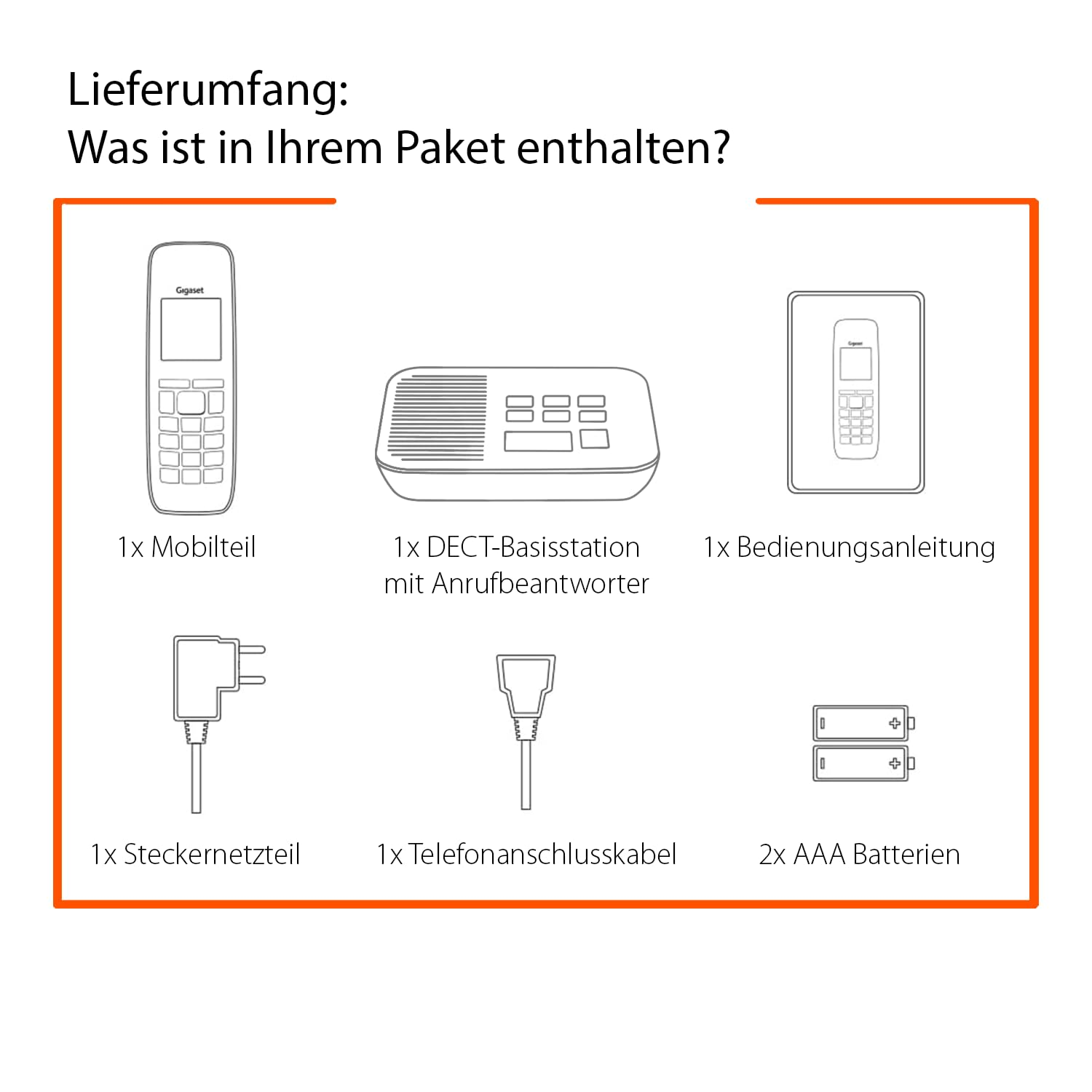 Schema del contenuto con ricevitore, base, manuale, alimentatore, cavo telefonico e due batterie.
