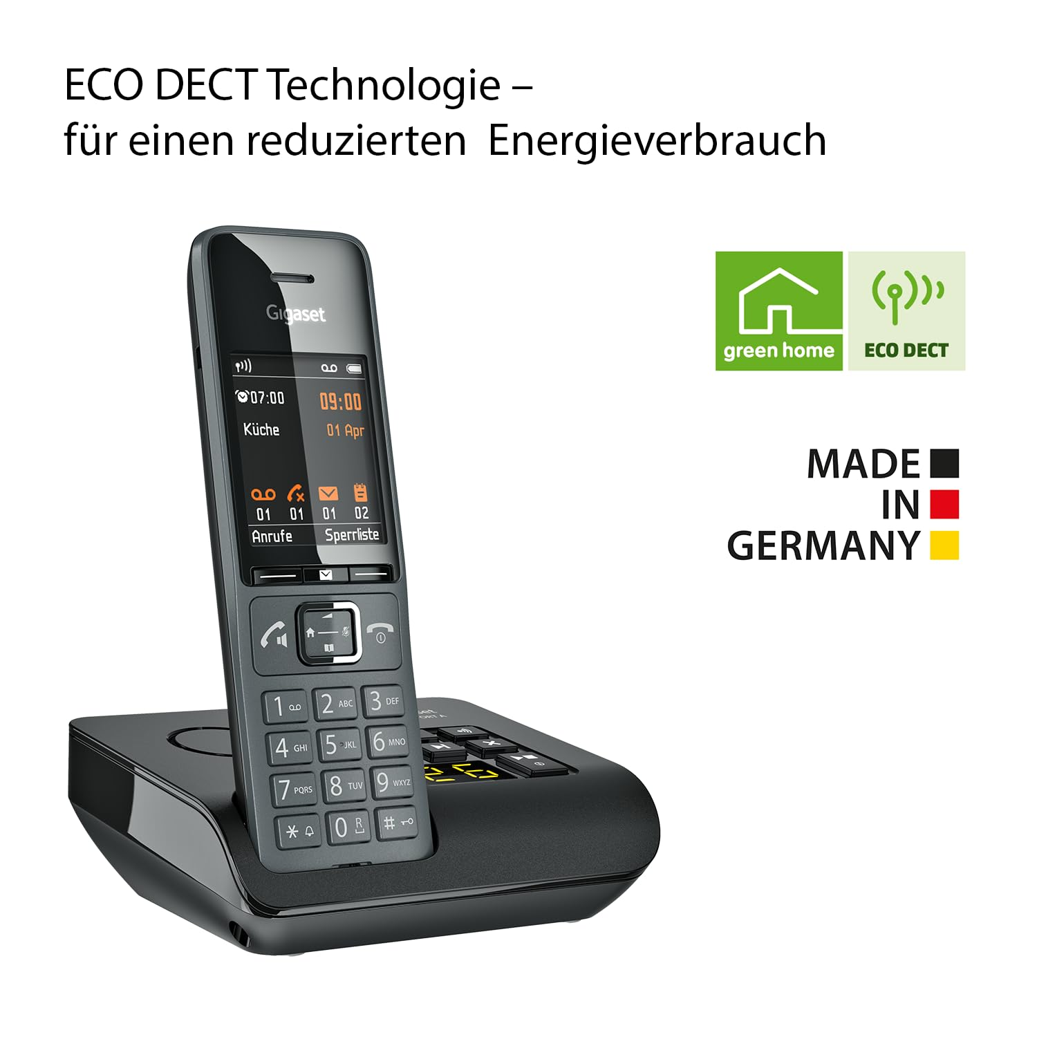 Telefono DECT Gigaset nero nella base di ricarica con grafiche con logo eco verde.