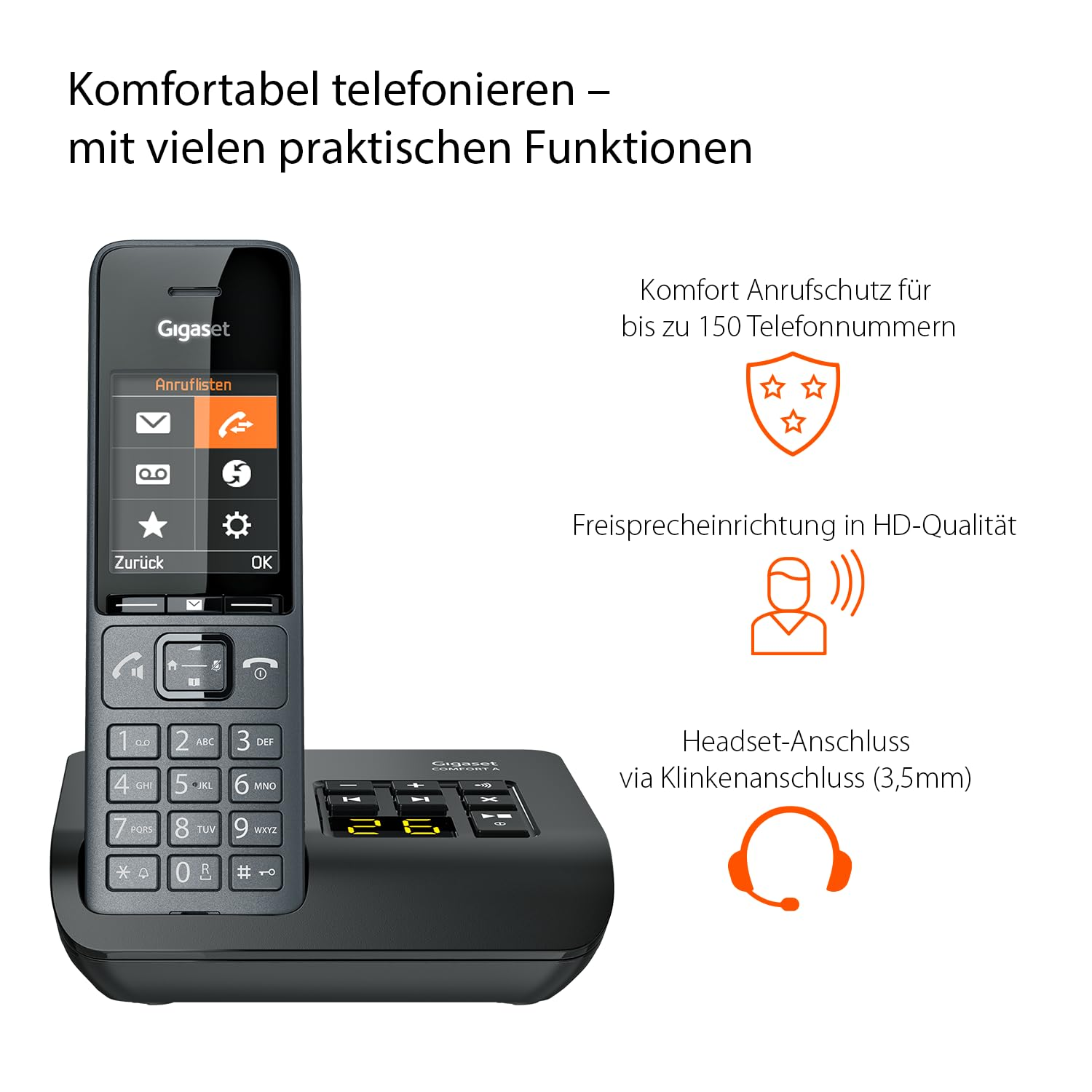 Telefono Gigaset con schermo, tastiera, protezione chiamate, vivavoce e presa per cuffie.