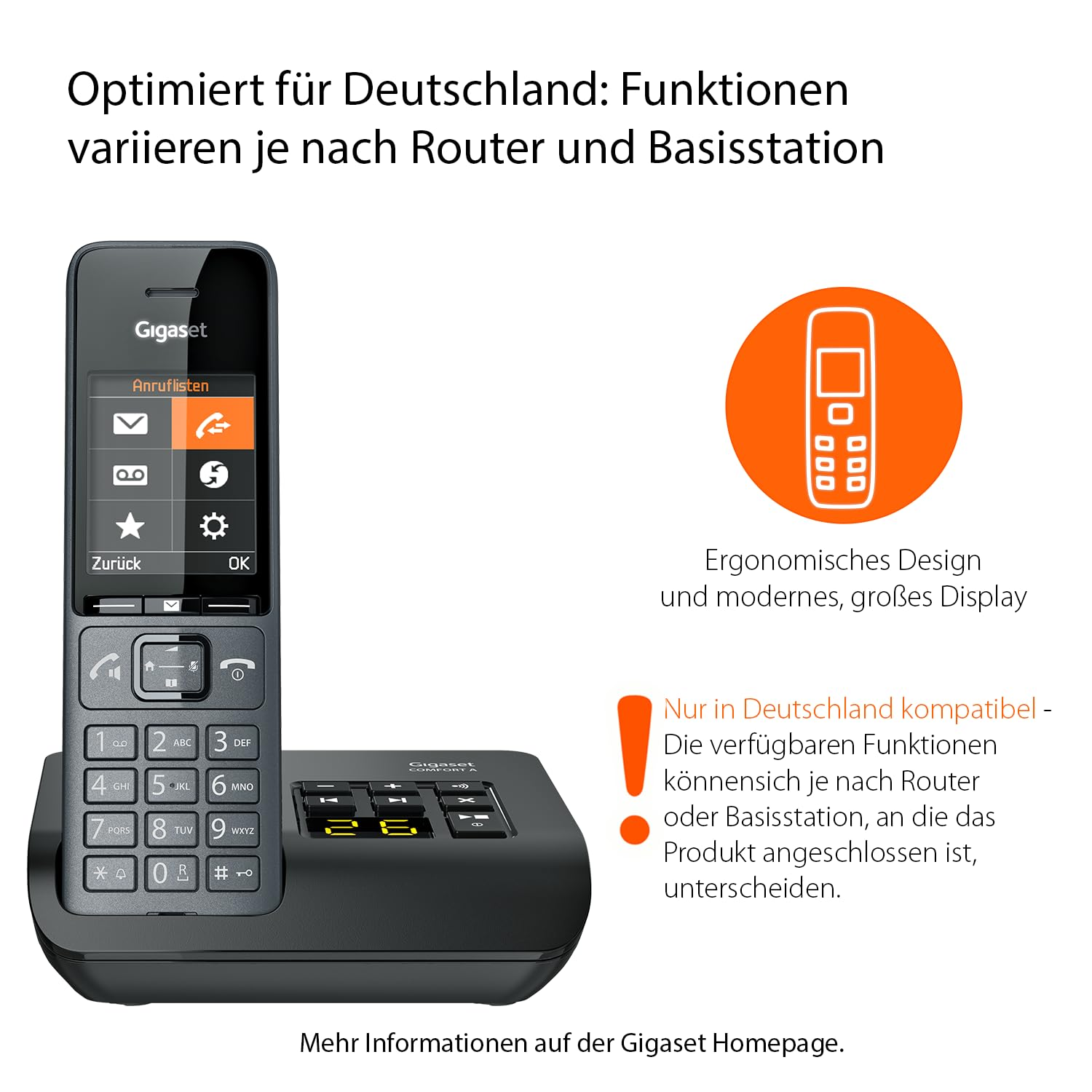 Telefono cordless Gigaset nero con note in tedesco sulla compatibilità del router.