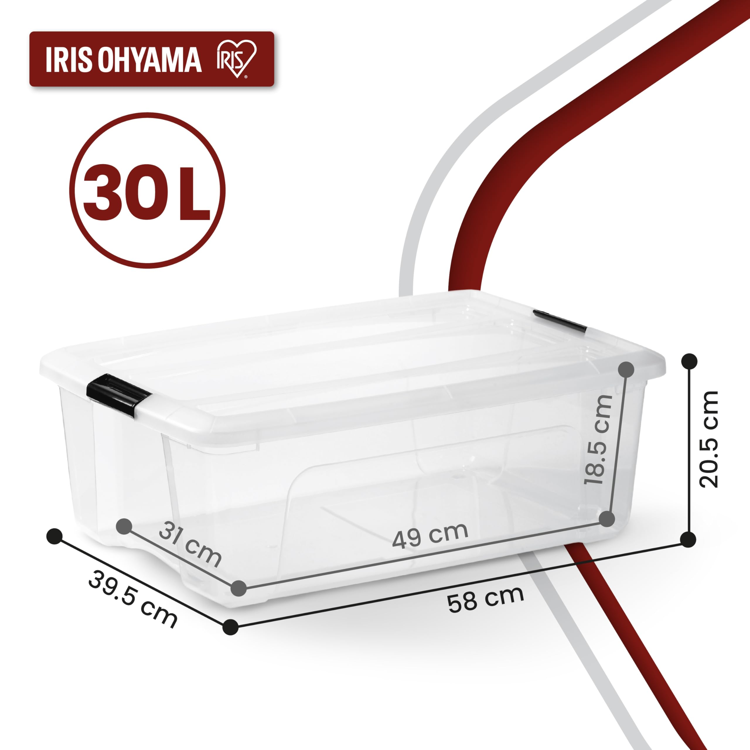 Scatola di stoccaggio trasparente 30L Iris Ohyama con dimensioni.