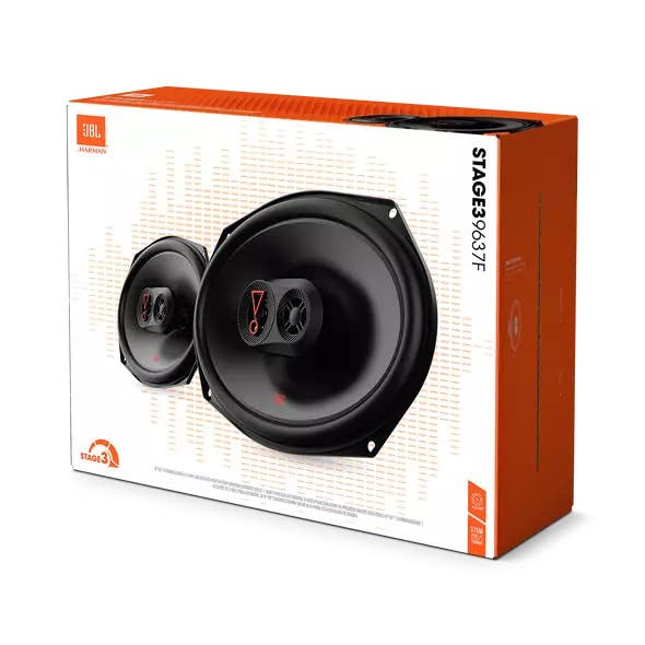 Eine orange-weiße JBL Car-Audio-Lautsprecherbox mit zwei schwarzen Lautsprechern auf der Vorderseite.