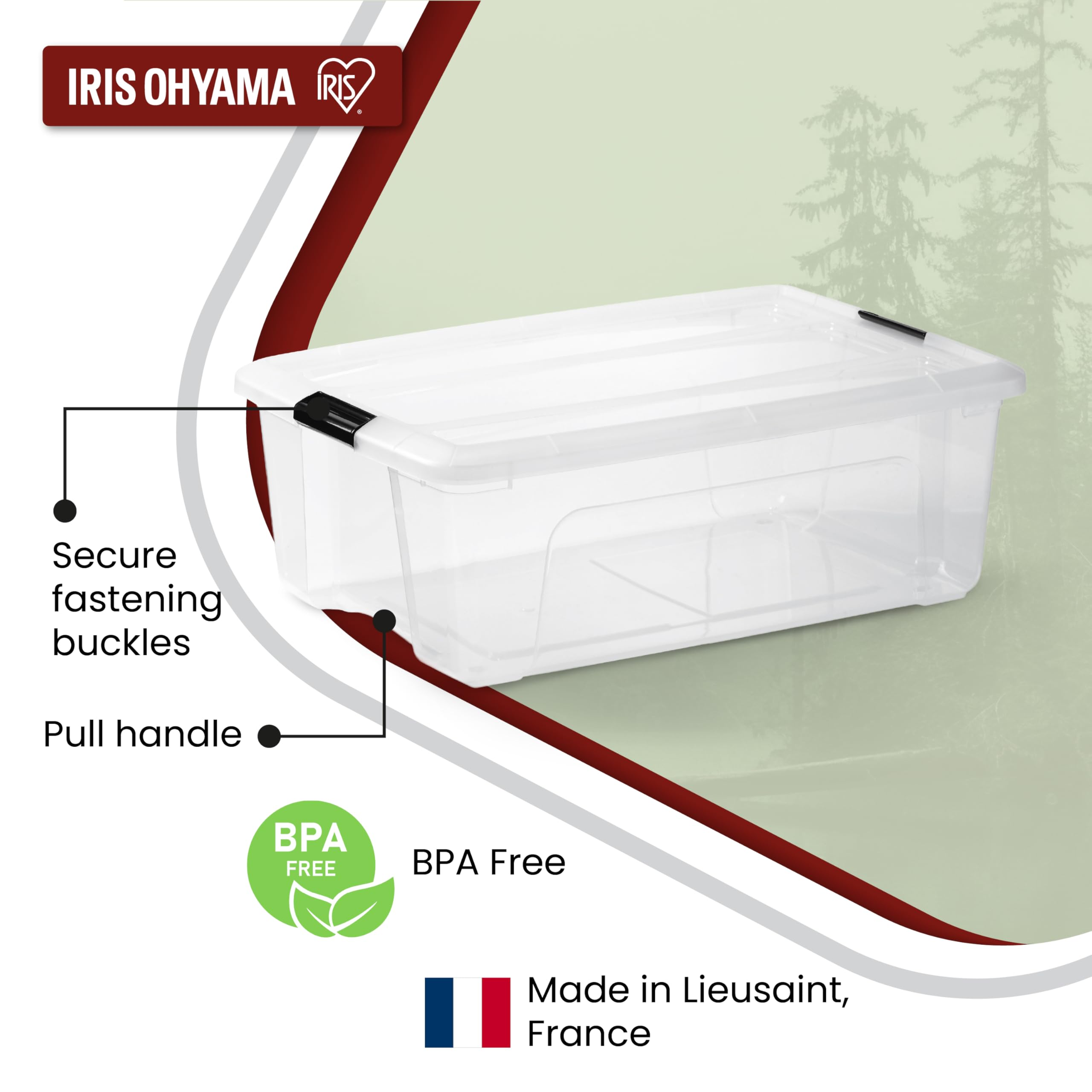 Scatola portaoggetti trasparente Iris Ohyama con clip nere e etichetta senza BPA su sfondo boschivo.