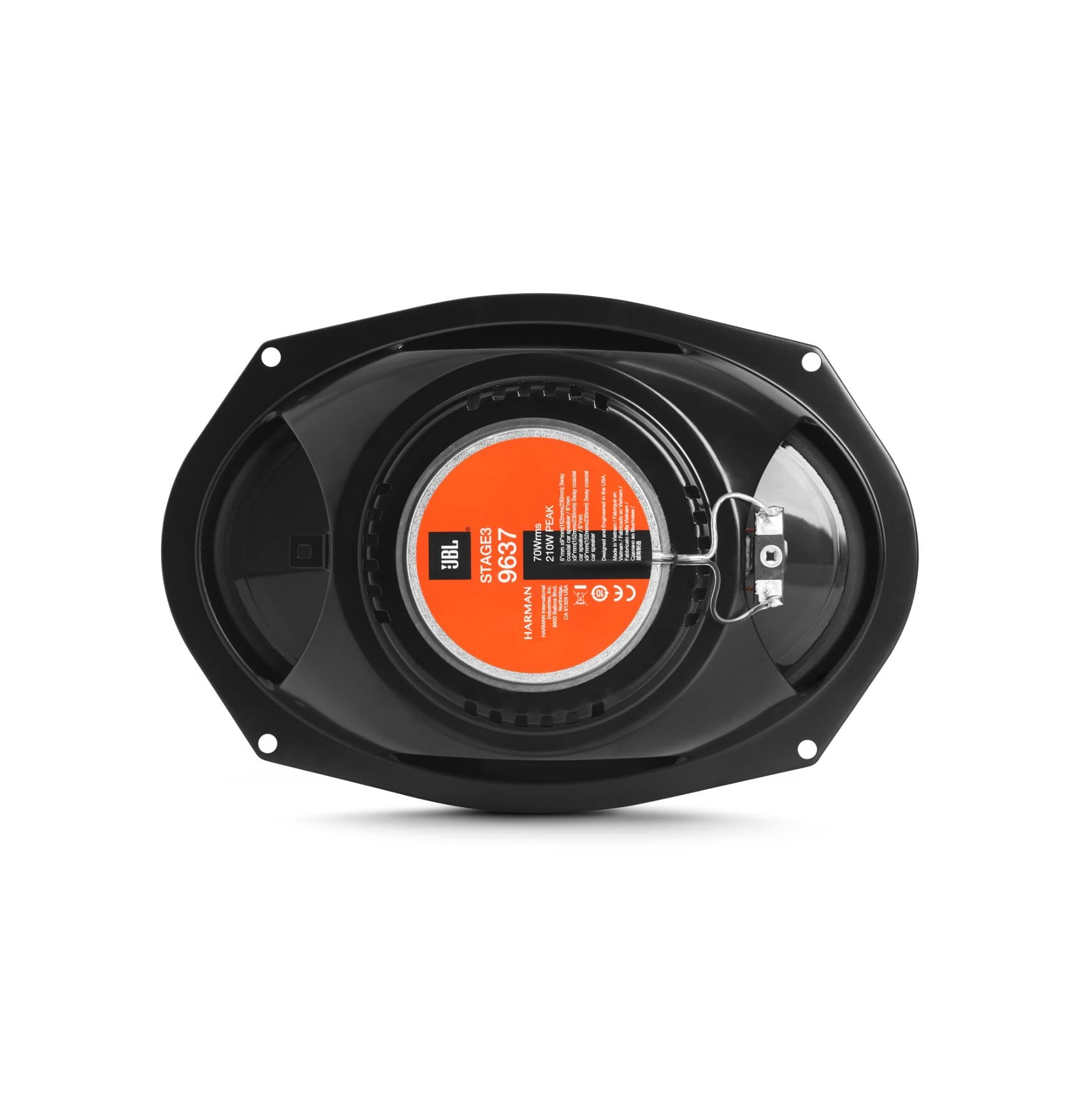 Ein schwarzer JBL Stage3 9637 Oval-Autolautsprecher mit orangefarbenem Mitteletikett auf weißem Grund.