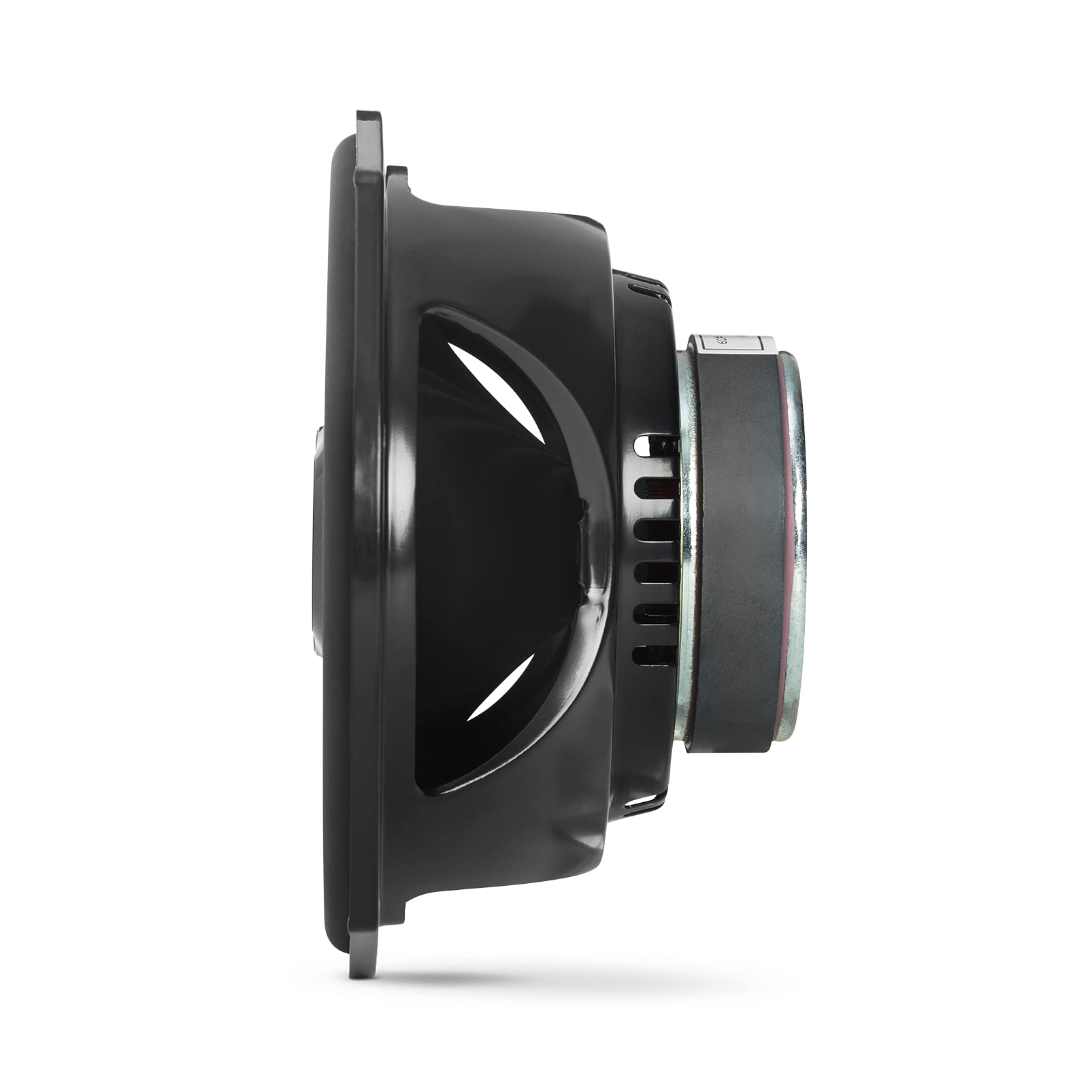 Seitenansicht eines schwarzen Auto-Audiospe Lautsprechers auf weißem Hintergrund mit Magnet und Rahmen.
