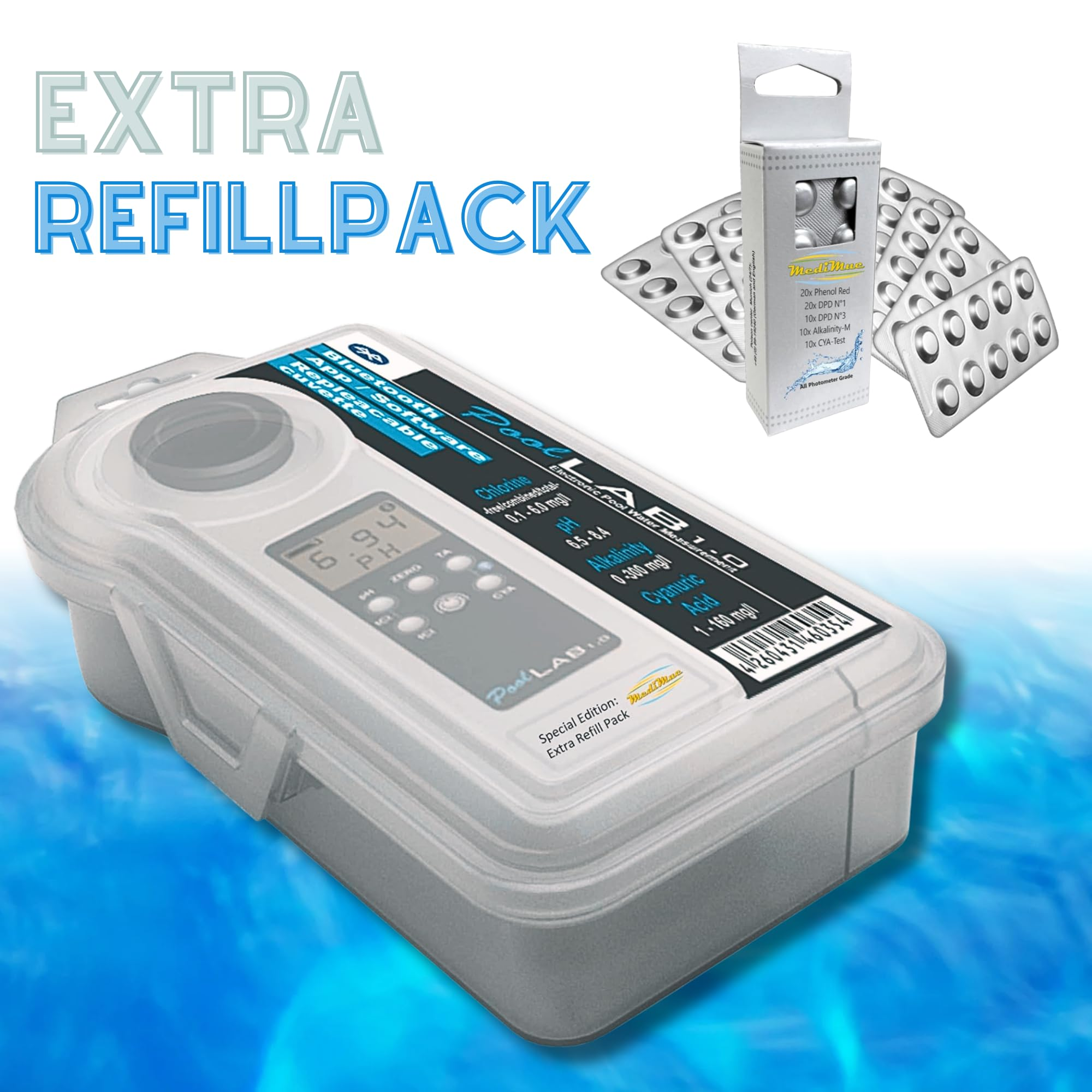 PoolLab 1.0 Wassertester in grauem Koffer mit Tablettenblistern und der Aufschrift Extra Refillpack.