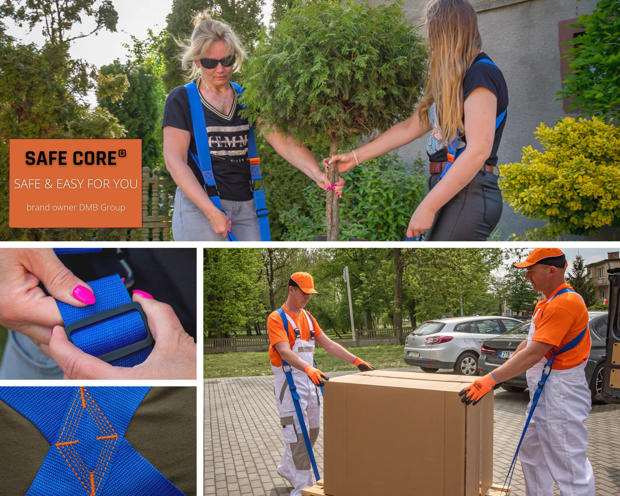 Zwei Personen tragen blaue ergonomische Gurte mit Stützriemen, um im Freien einen Baum und schwere Kartons zu heben.