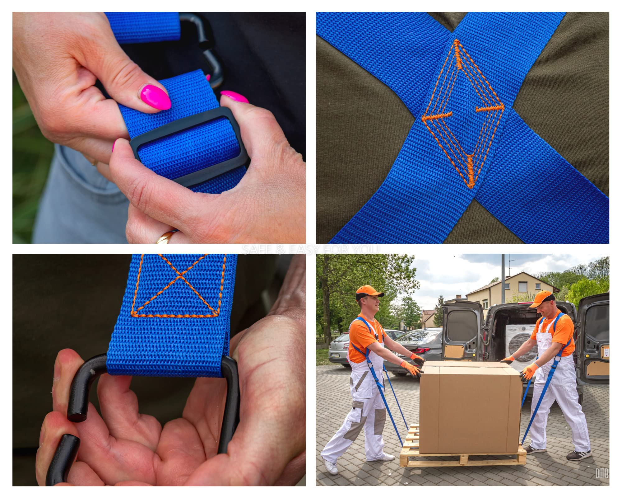 Vier Bilder zeigen blauen Gurt, Schnallen und zwei Arbeiter, die eine Kiste auf einer Palette transportieren.
