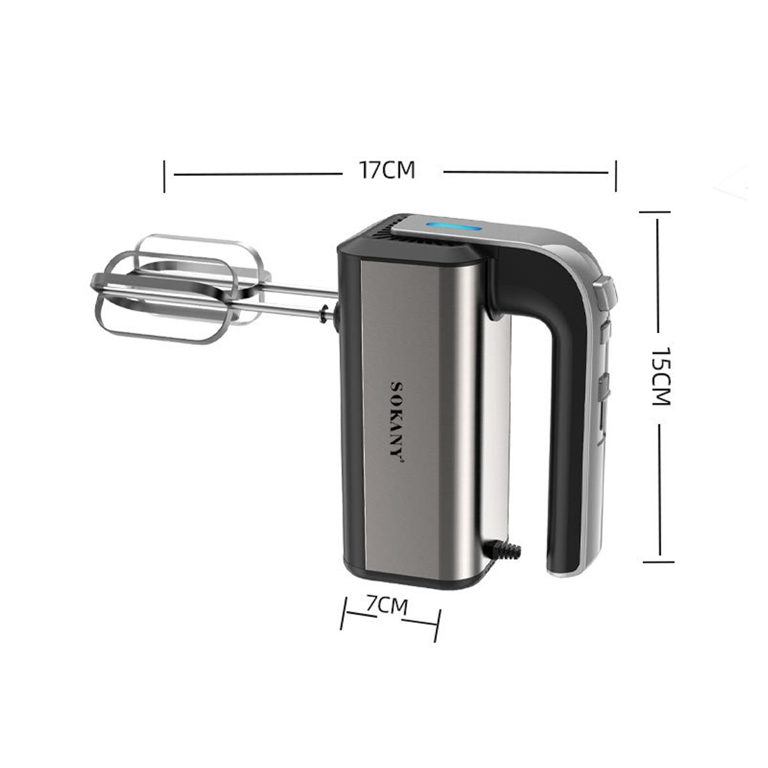 Grauer Sokany Handmixer mit zwei Rührbesen und Maßangaben in Zentimetern.