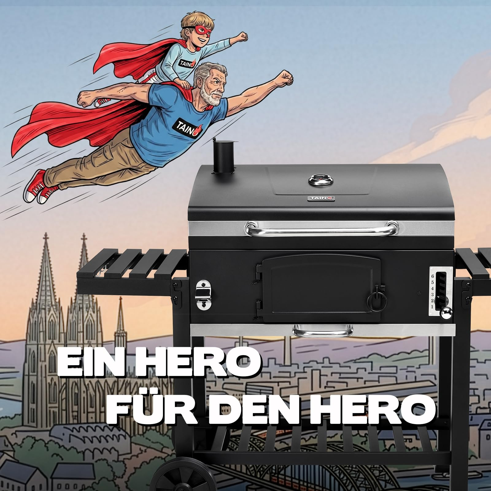 Un barbecue à charbon noir devant une illustration de dessin animé d'un grand-père et d'un petit-fils volant avec des capes.