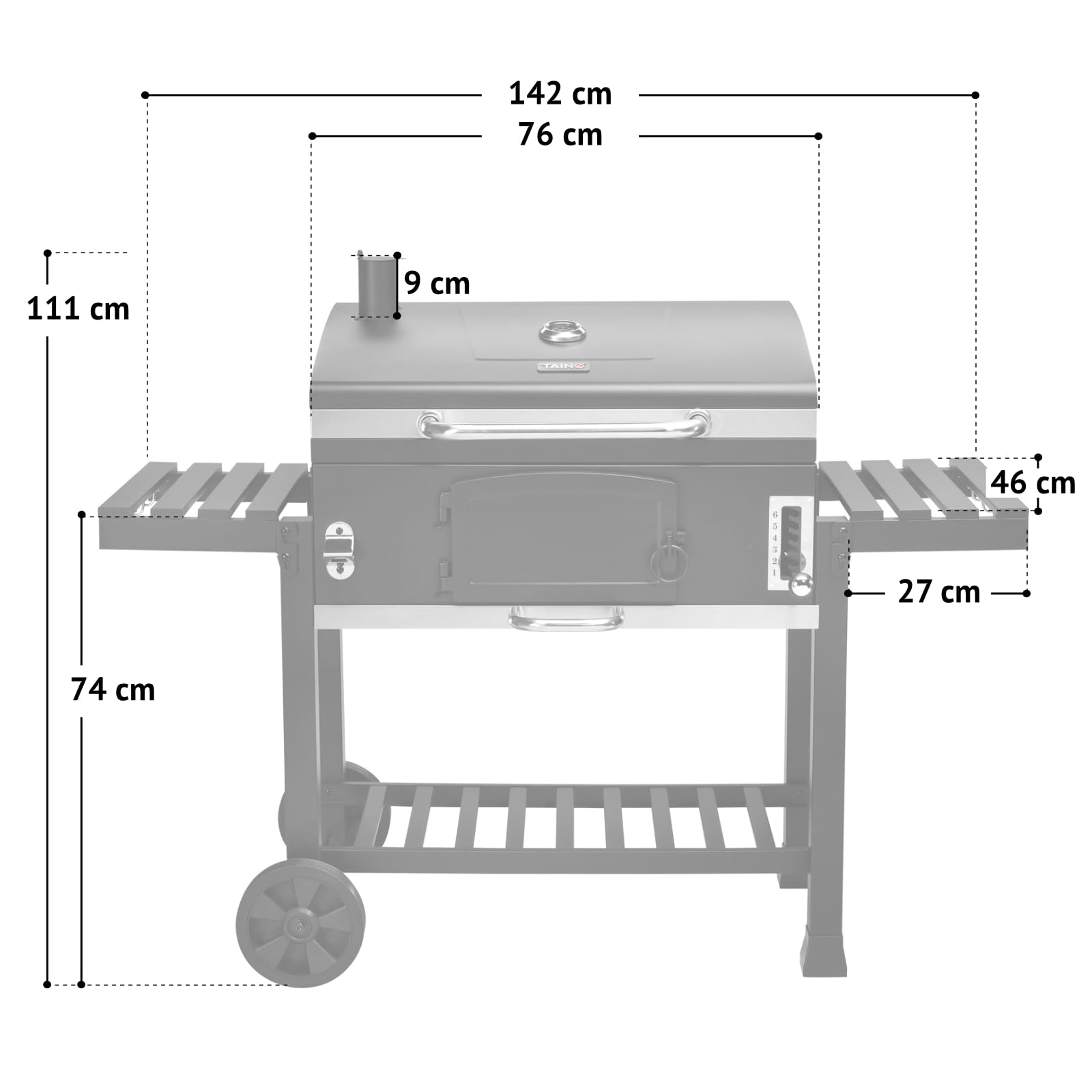 Dessin technique d'un barbecue avec des dimensions en centimètres.