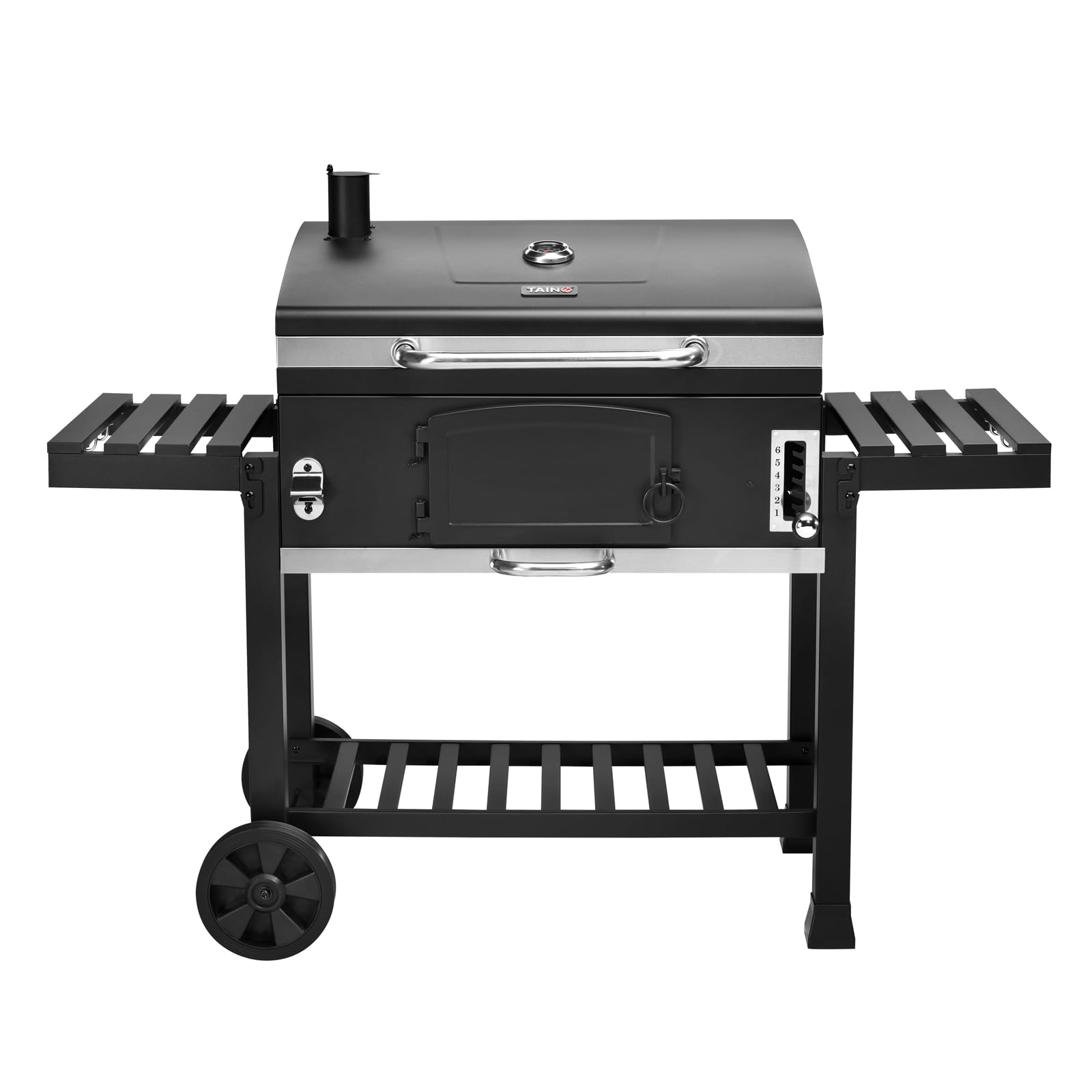 Un barbecue au charbon noir avec étagères latérales, porte avant, cheminée et roues sur fond blanc.