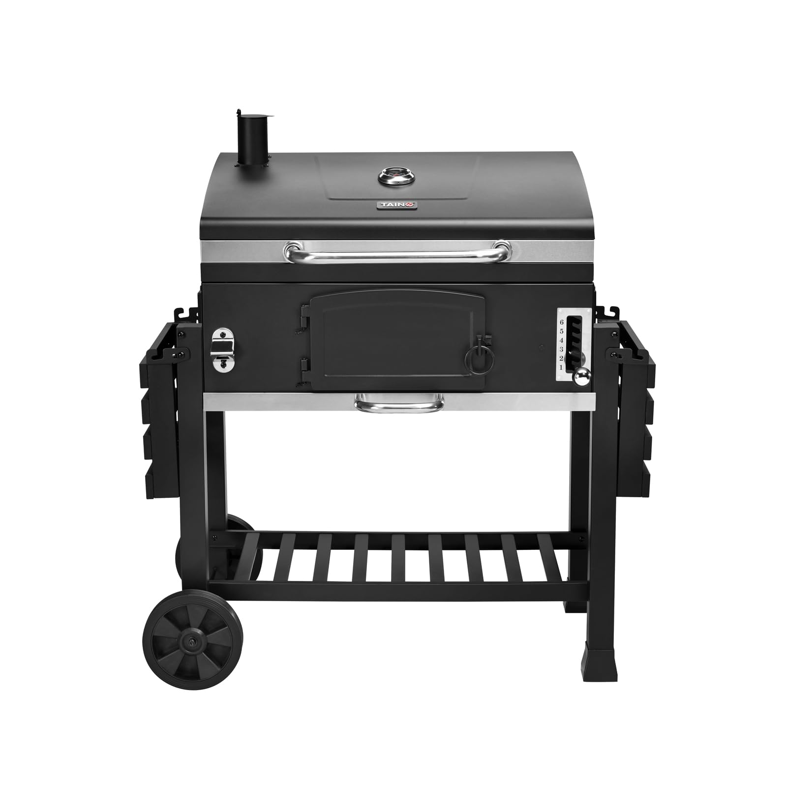 Barbecue à charbon noir sur chariot avec roues et étagère inférieure.