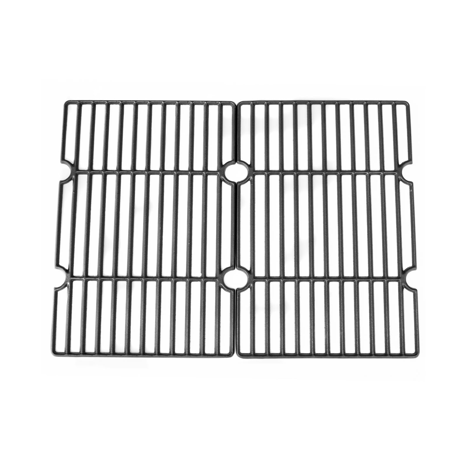 Deux grilles de barbecue en fonte noire sur fond blanc.