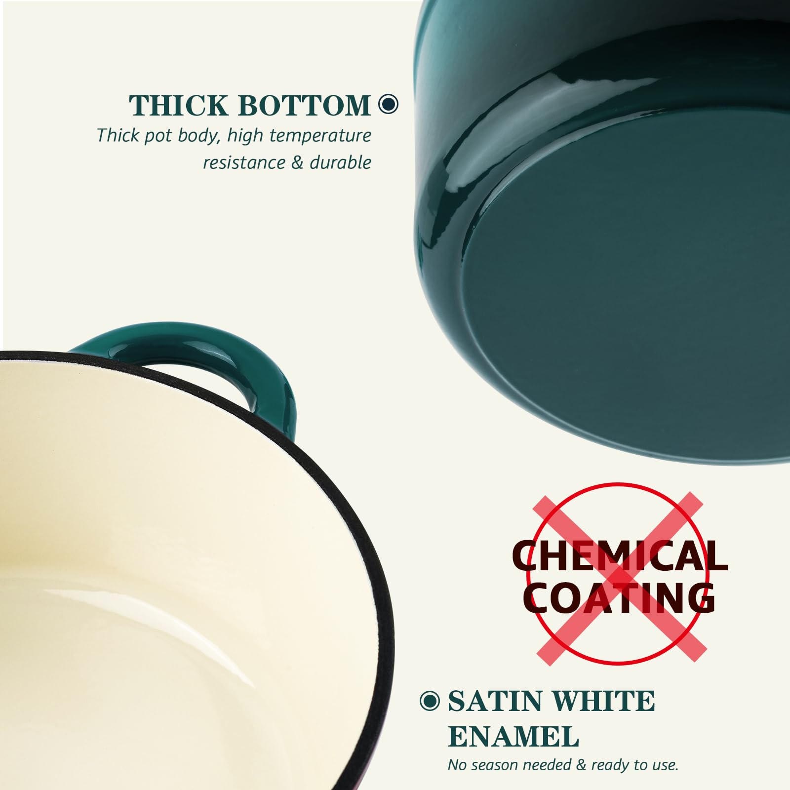 Pentola verde con fondo spesso e smalto bianco satinato senza rivestimento chimico.