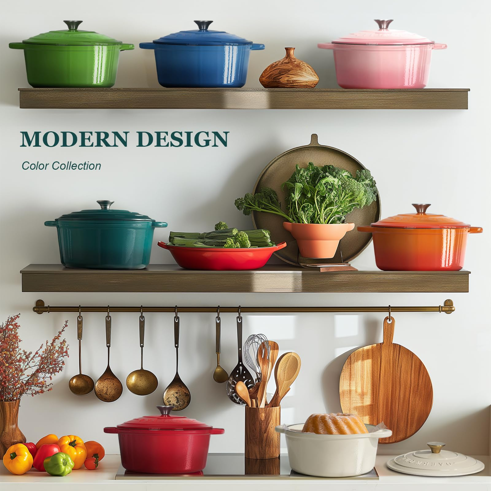 Mensole da cucina con pentole colorate, verdure fresche, utensili e testo di design.