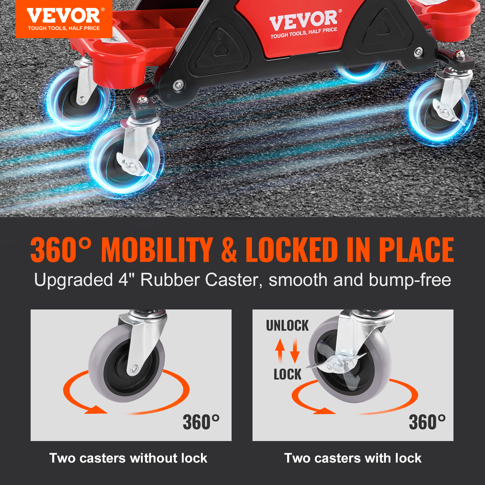 Produktwerbung für Vevor 4-Zoll-Gummiräder mit 360-Grad-Mobilität und zwei Feststellern.