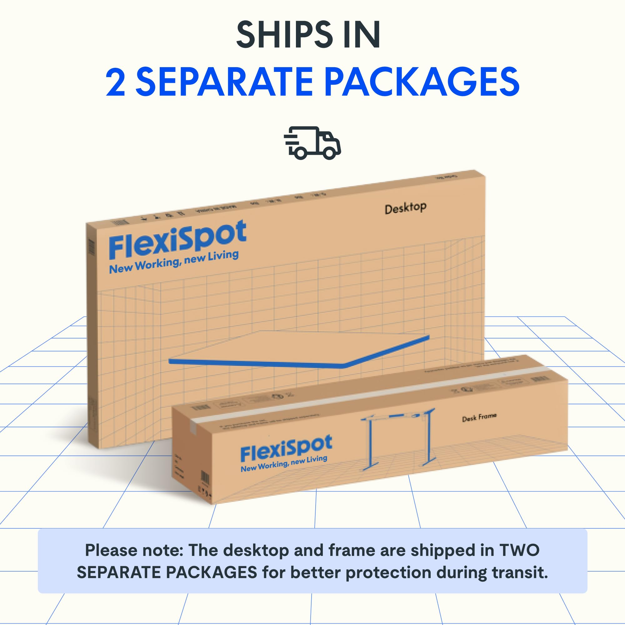 Deux cartons FlexiSpot sur fond quadrillé bleu indiquent que le plateau et le piètement sont expédiés séparément.