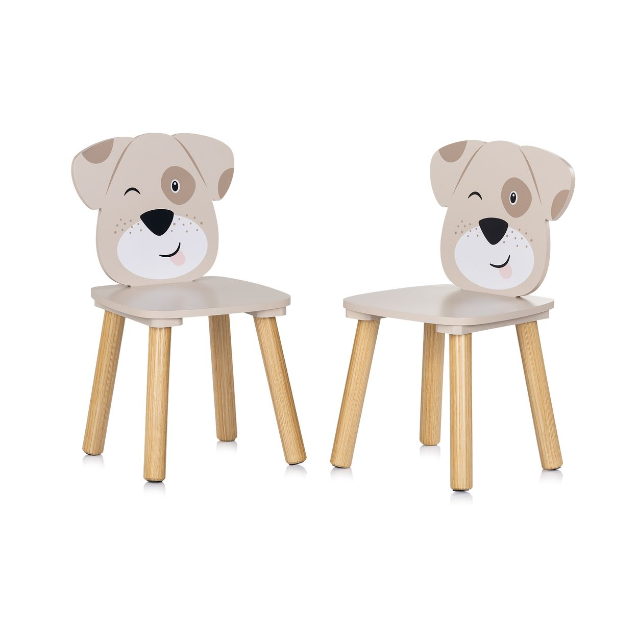 Zwei Holzkinderstühle mit niedlichen Hundegesichtern auf der Rückenlehne.