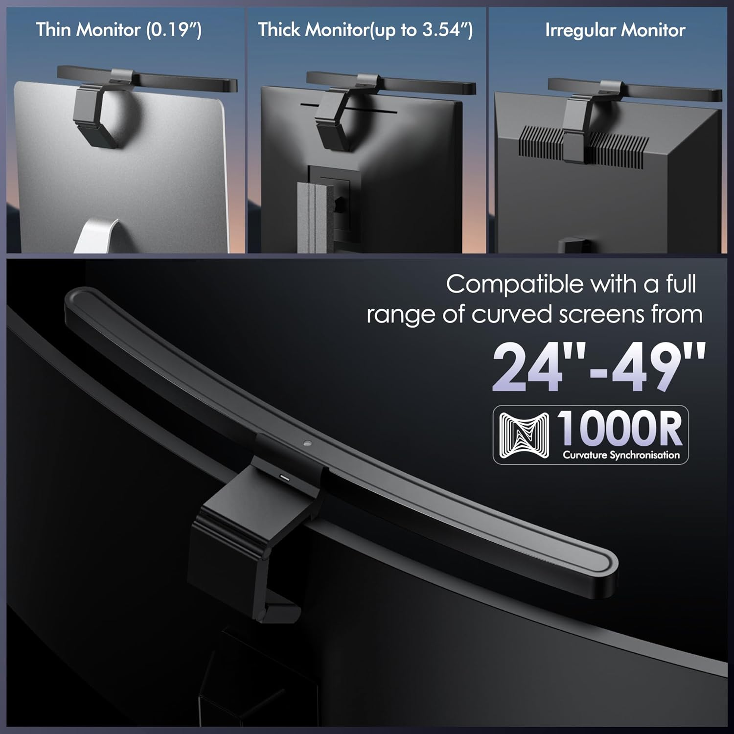 Eine Monitorlampe ist kompatibel mit dünnen, dicken und unregelmäßigen Monitoren sowie Curved-Bildschirmen.