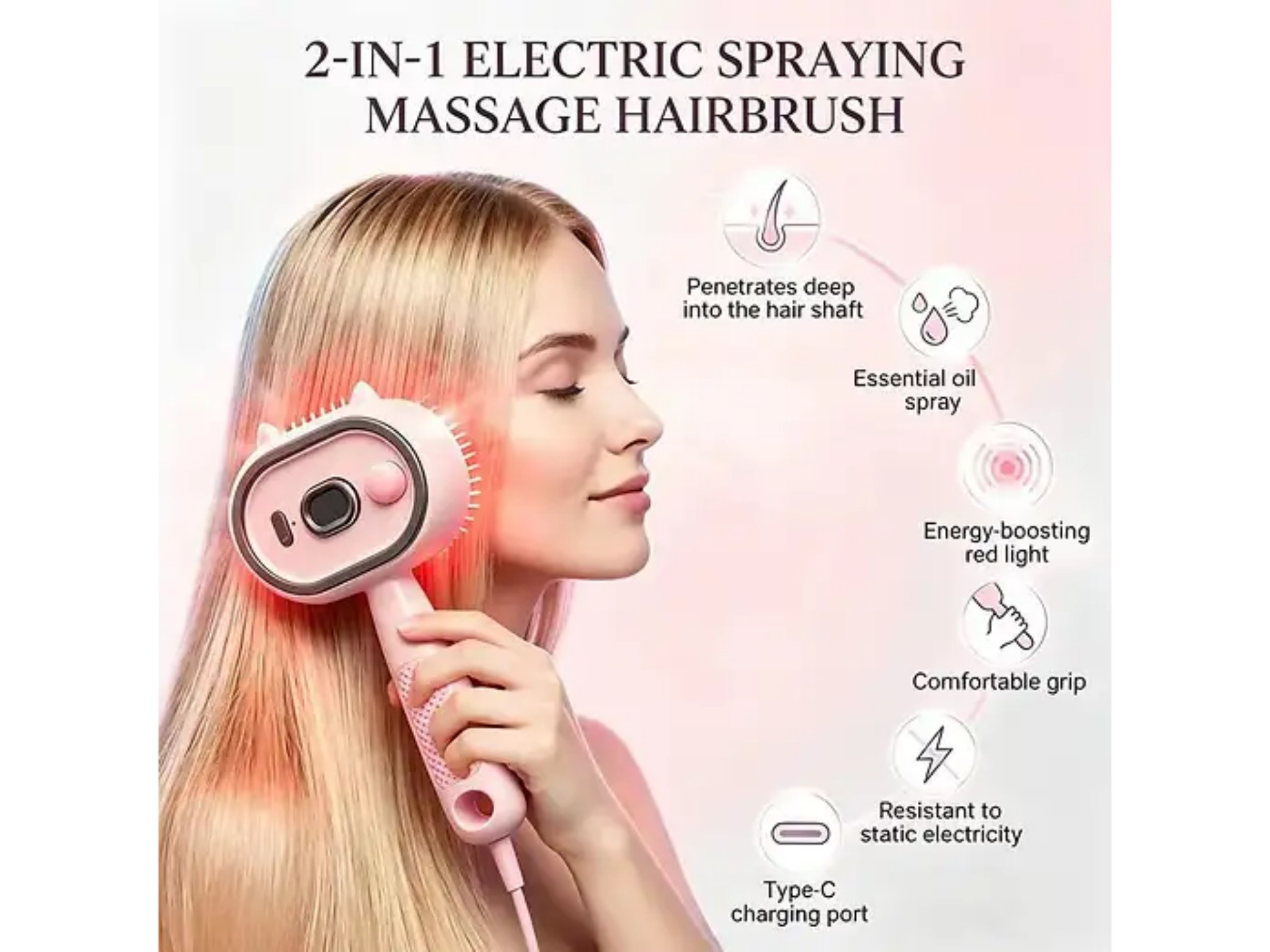 Eine Frau nutzt eine rosa 2-in-1-Haarbürste, mit Texten zu Funktionen wie Spray und Rotlicht.