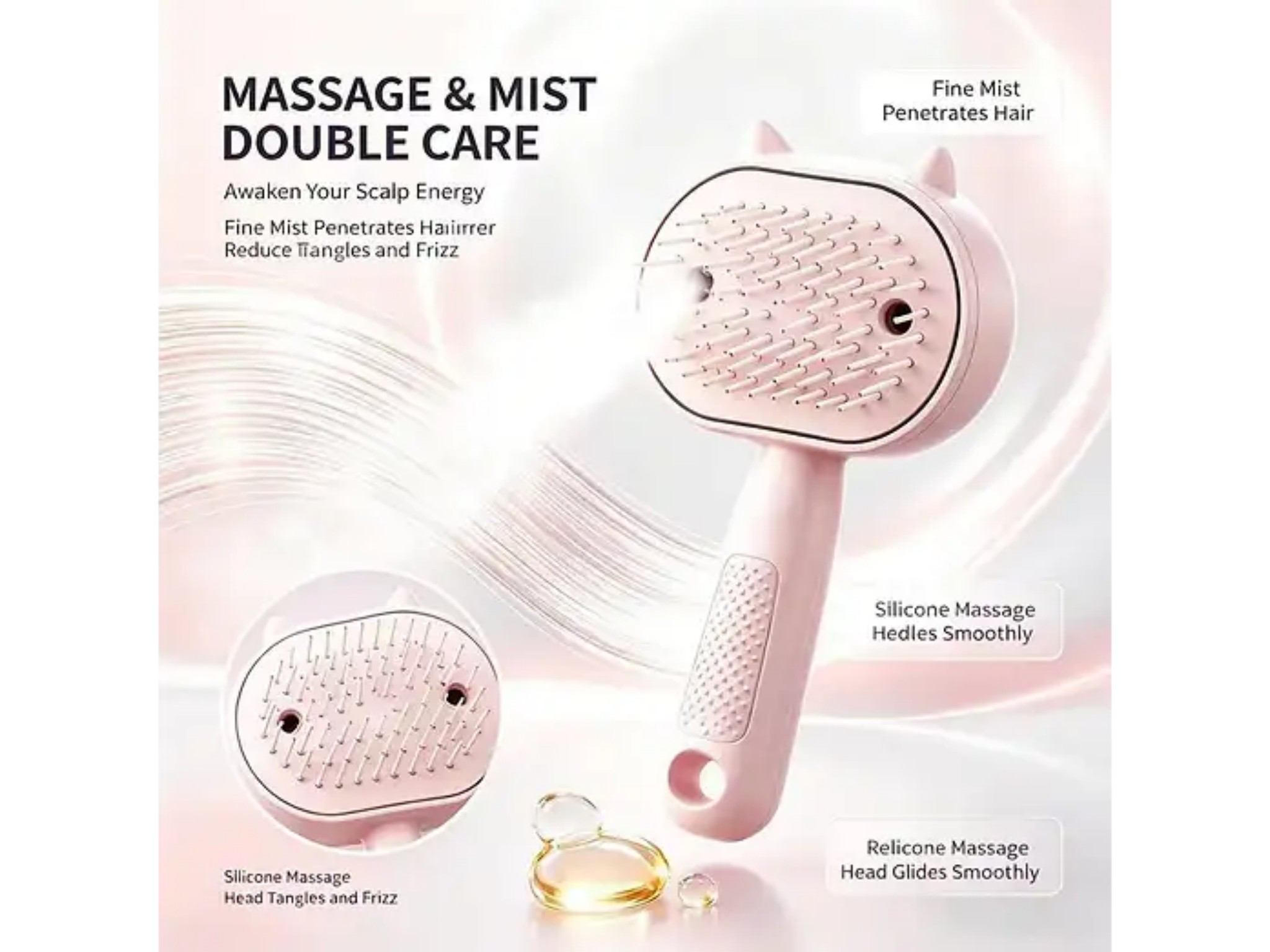 Rosa Haarbürste mit Dampffunktion und Silikonborsten für sanfte Kopfmassage.