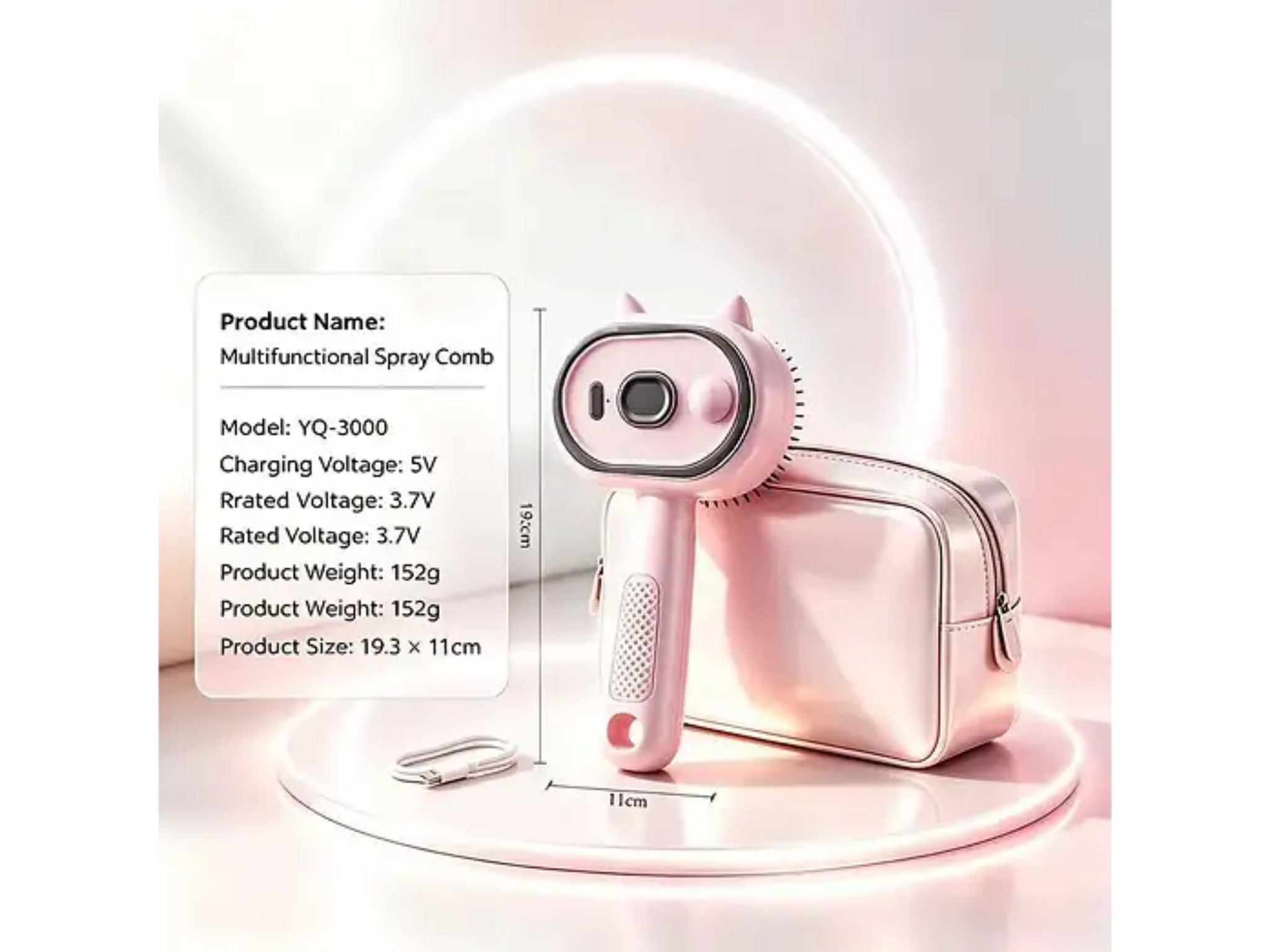 Rosa multifunktionaler Sprühkamm mit Tasche und Ladekabel auf hellem Hintergrund.