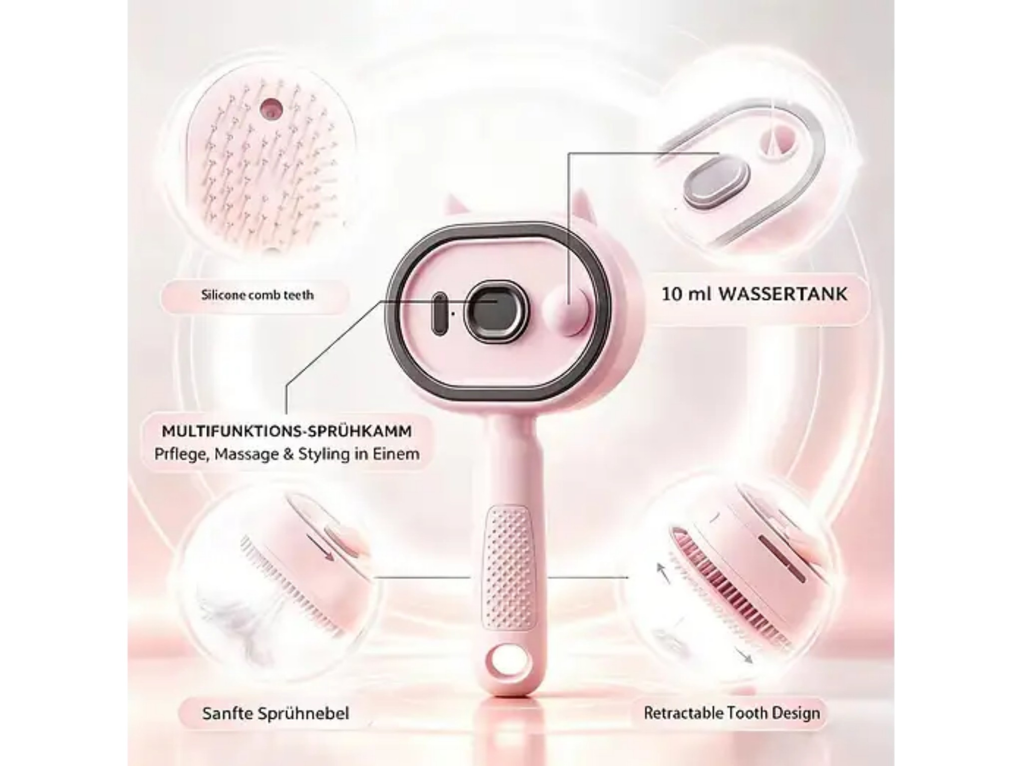 Rosa multifunktionale Haustierbürste mit Wassertank, Silikonborsten und einziehbarem Design, mit Funktionsbeschriftungen.