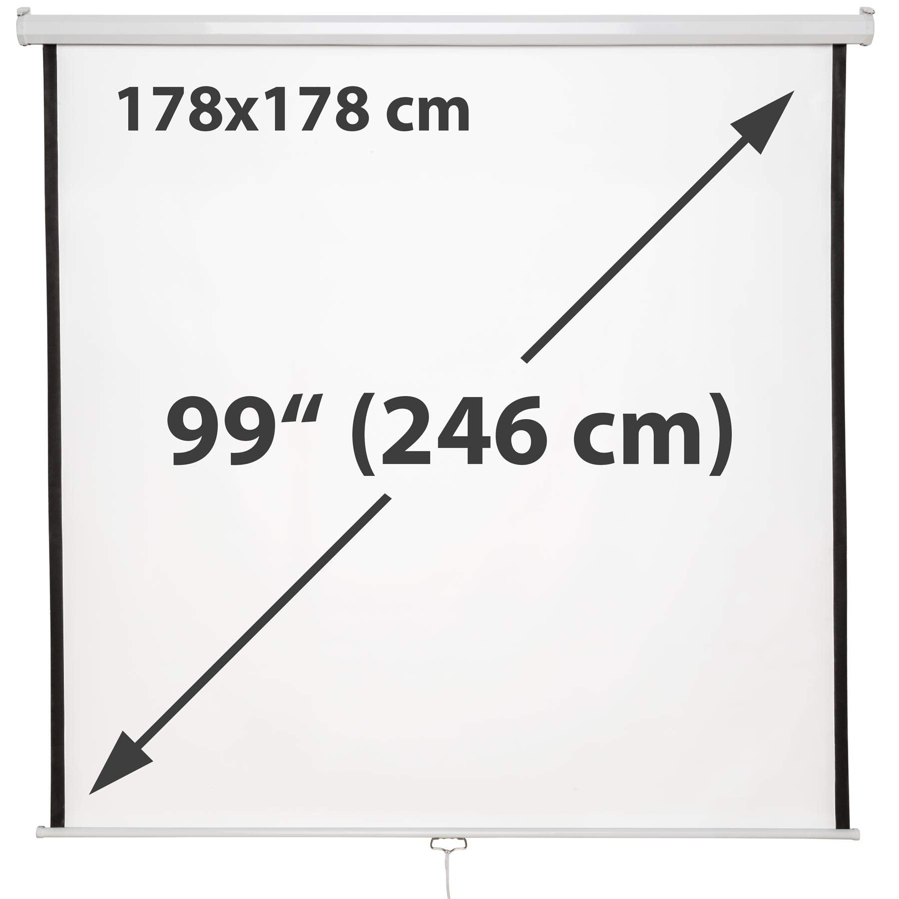Weiße Leinwand mit den Maßen 178x178 cm und 99 Zoll Diagonale.