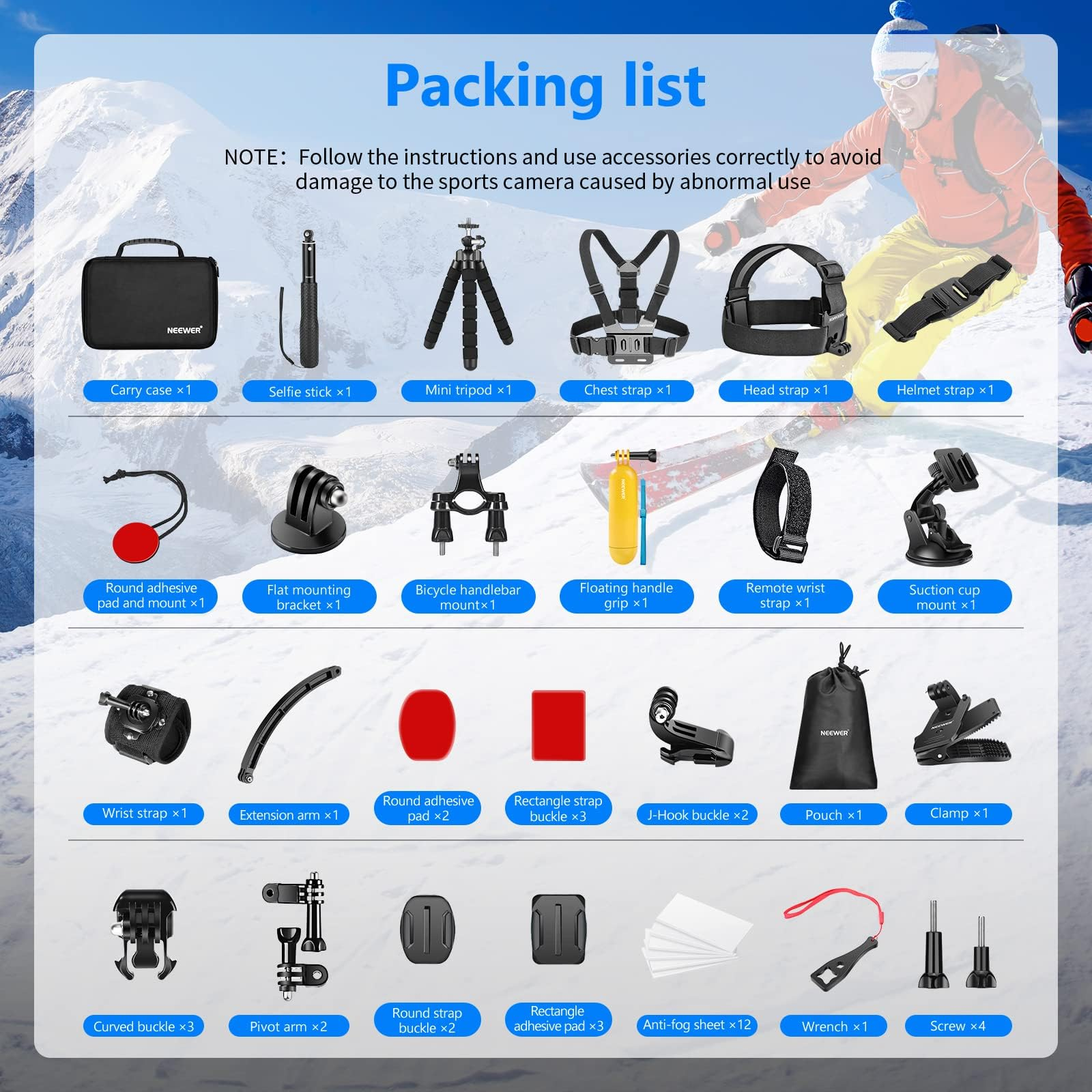 Packliste für Sportkamera-Zubehör mit verschiedenen Halterungen, Riemen und einer Tragetasche vor verschneitem Hintergrund.