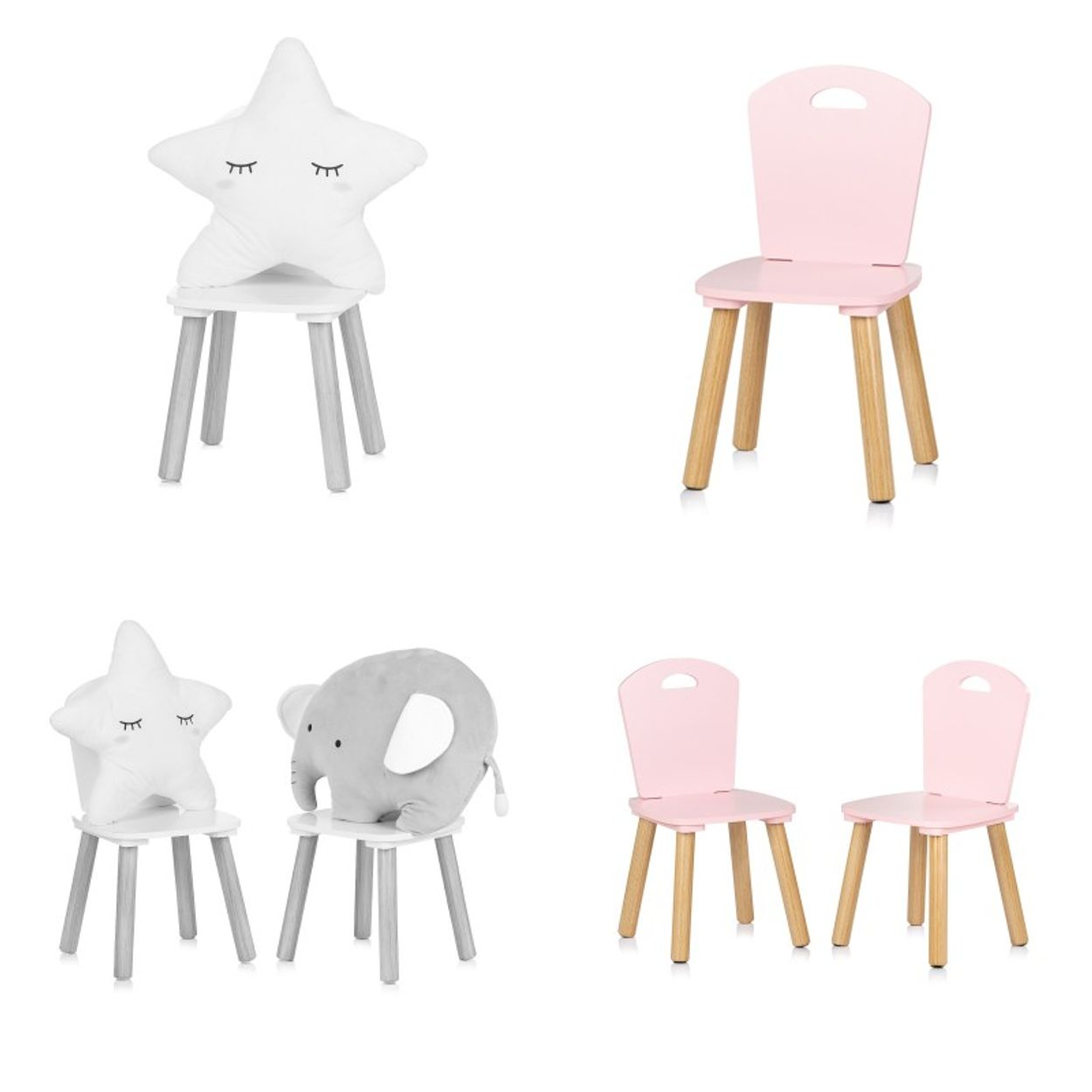 Vier kleine Stühle und Kissen in Stern- und Elefantenform auf weißem Hintergrund.
